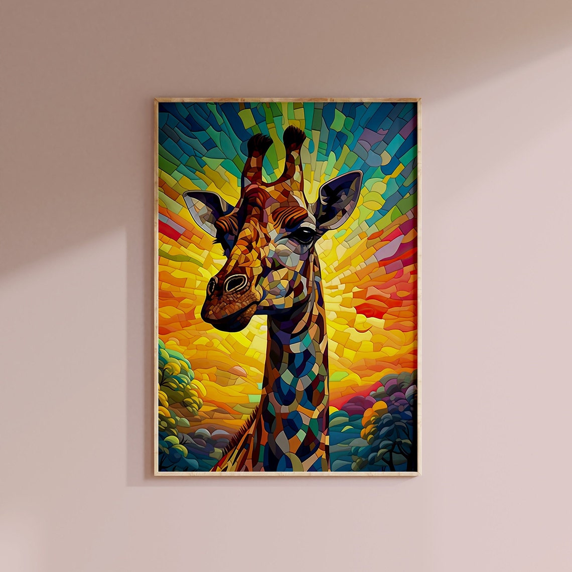Colourful Giraffe Mosaic Stained Glass Rainbow Sunburst Poster - Image 3
