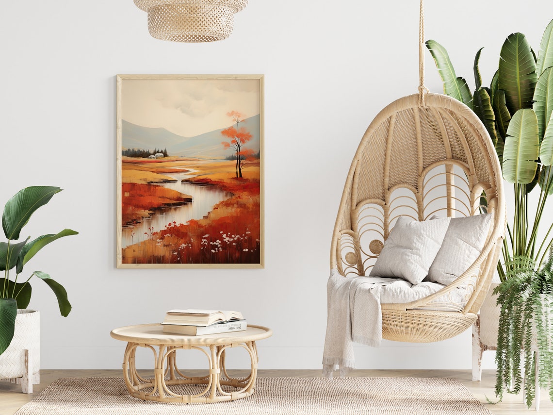 Autumn River Valley Orange Red Hills Rustic Cabin Landscape Poster - Image 4