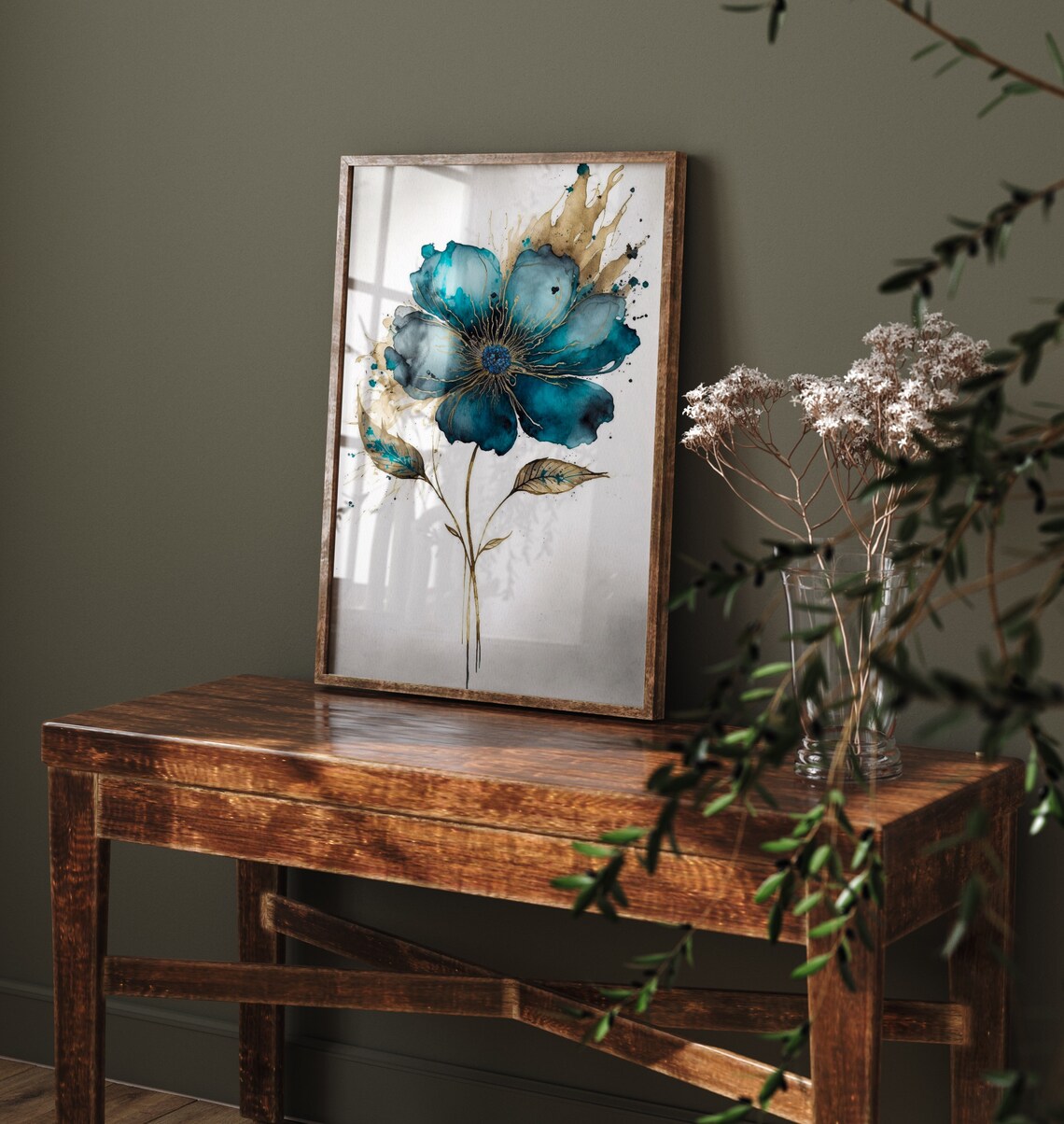 Teal Flower Gold Splash Modern Watercolour Floral Art Poster - Image 4