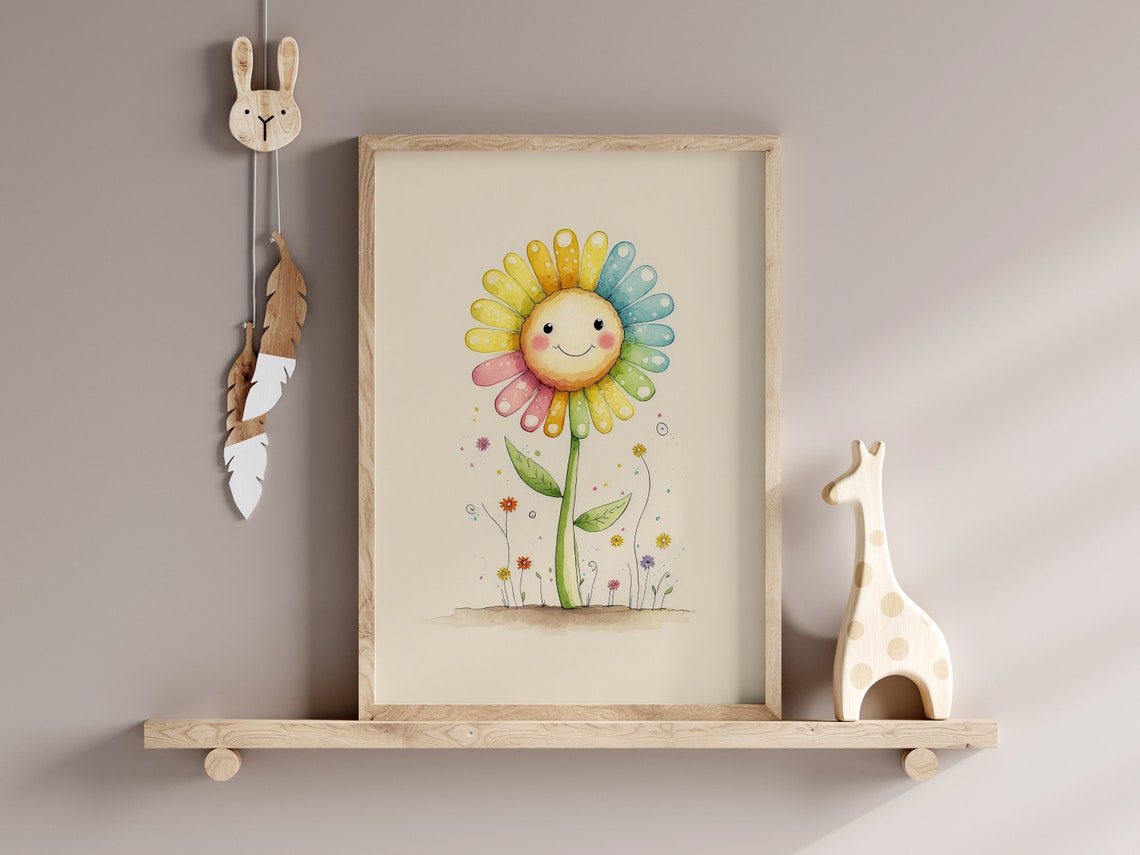 Rainbow Smiling Flower Watercolor Nursery Decor Style Poster - Image 2