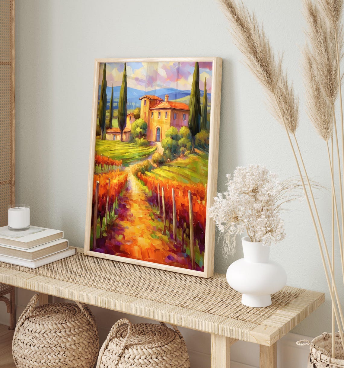 Vibrant Tuscan Villa Cypress Orange Vineyard Oil Style Art Print - Image 3