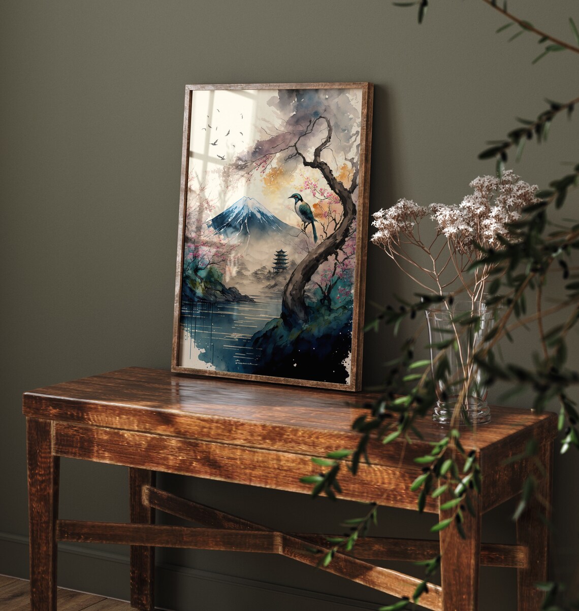 Mount Fuji Kingfisher Cherry Blossom Branch Pagoda Lake Poster - Image 4