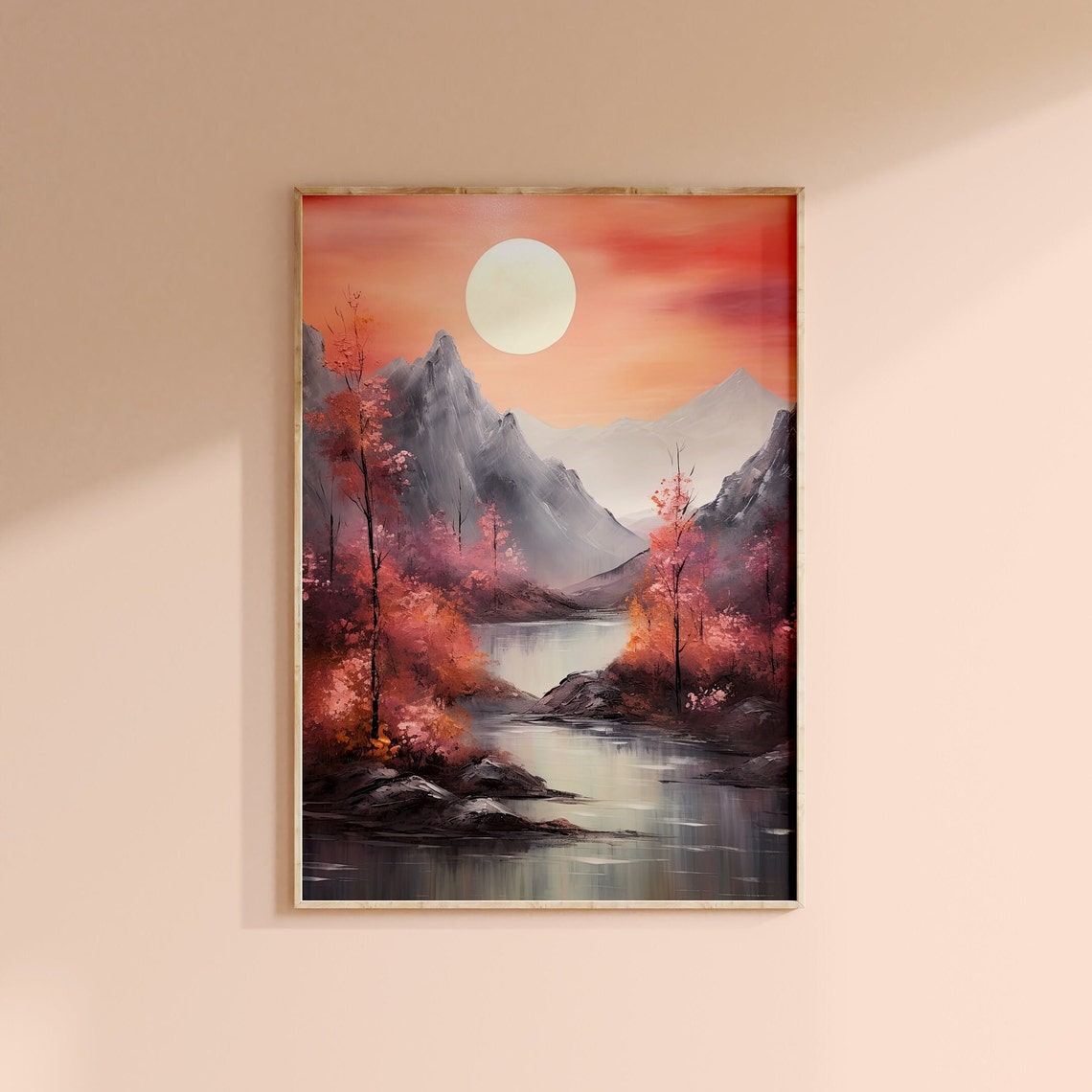 Crimson Sunset Over Tranquil Mountain Lake Pink Sky Landscape Poster - Image 2