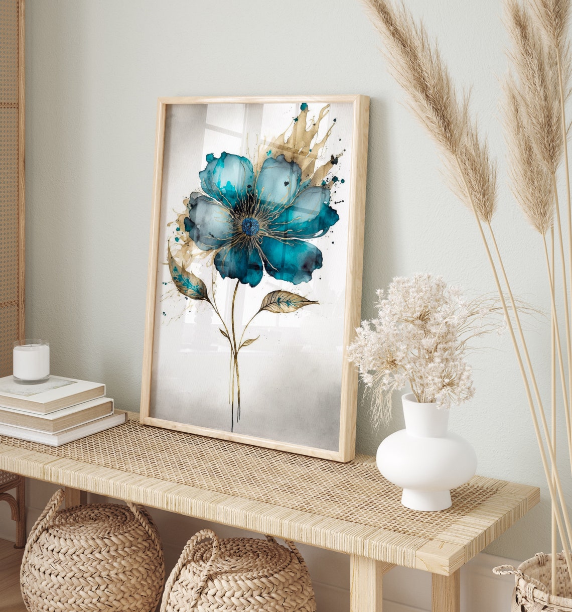 Teal Flower Gold Splash Modern Watercolour Floral Art Poster - Image 2
