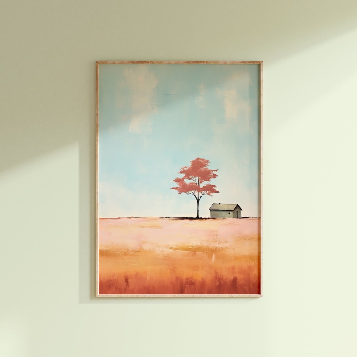 Red Tree And Farmhouse In Golden Field Minimalist Autumn Poster - Image 3