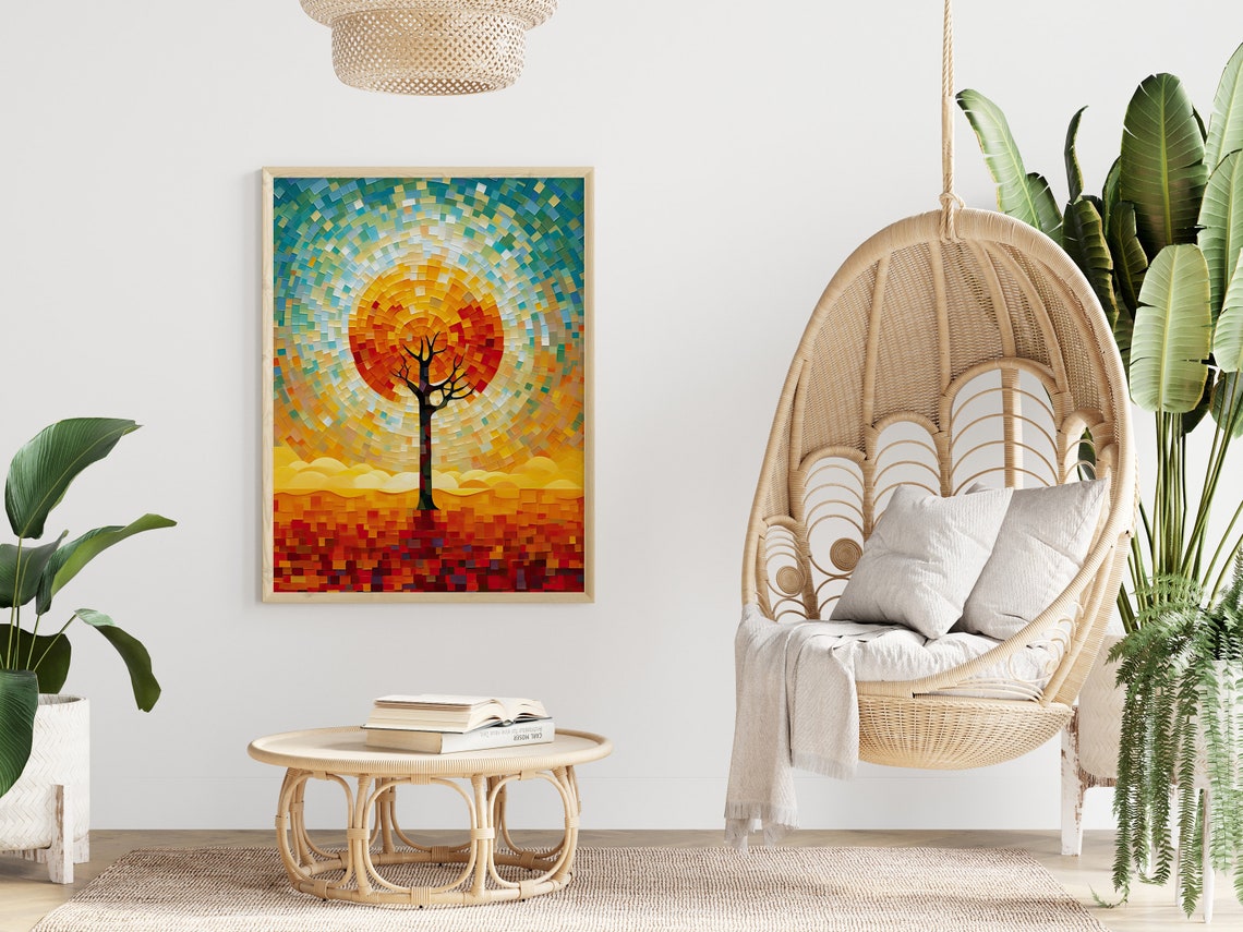 Bright Mosaic Sun Sunset Tree Abstract Colourful Sky Art Poster - Image 4