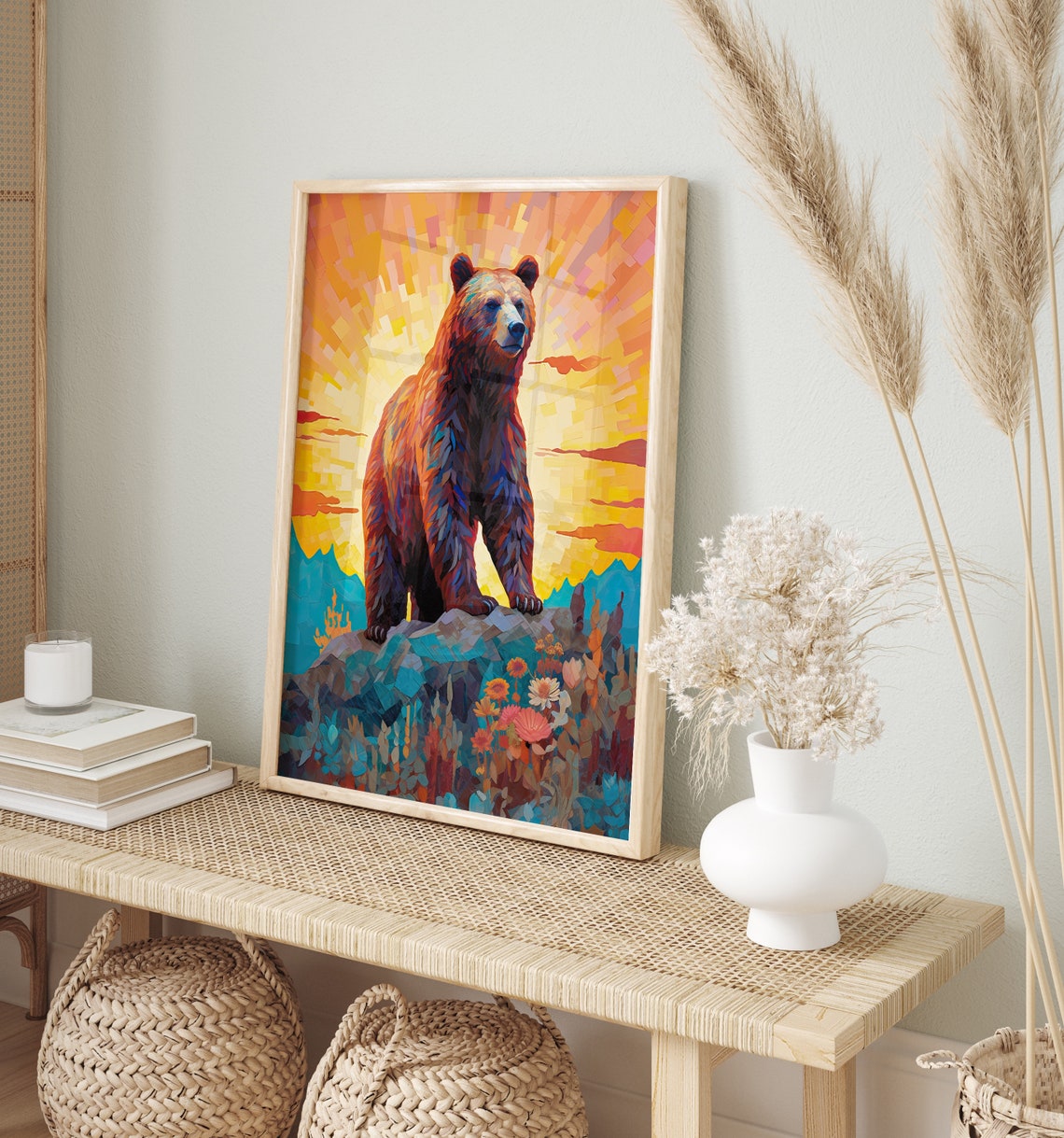 Mosaic Bear Standing Rocky Sunset Wildflowers Colourful Art Poster - Image 4