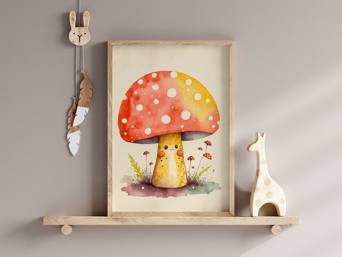 Smiling Mushroom Cute Kawaii Nursery Watercolor Style Poster - Image 2