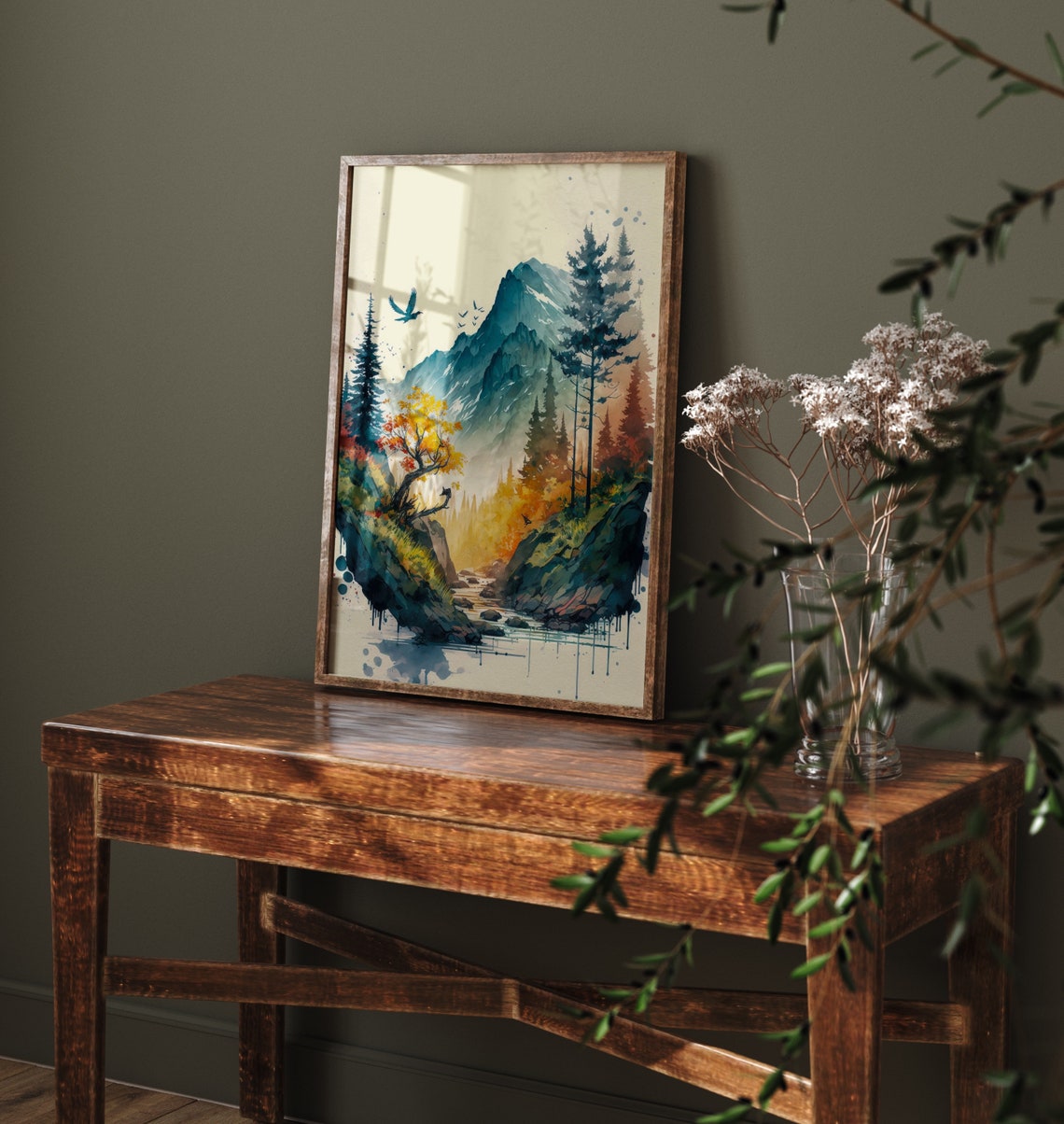 Autumn Mountain Valley River Birds Watercolor Scene Art Poster - Image 5