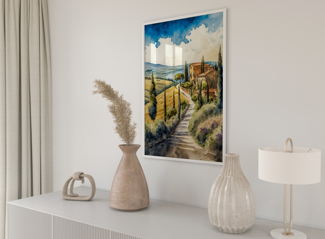 Tuscan Villa Hill Cypress Road Blue Sky Watercolor Landscape Poster - Image 4