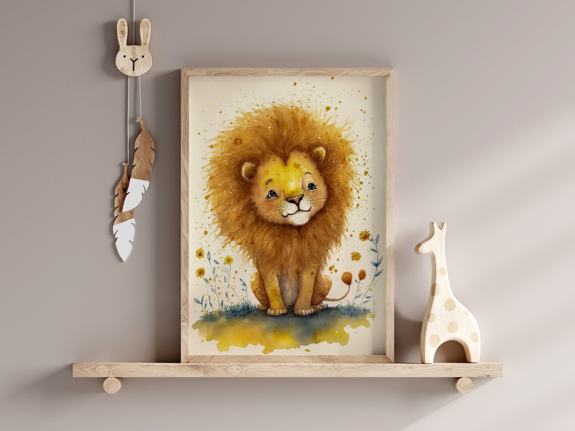 Baby Lion Golden Mane Watercolor Nursery Animal Art Decor Poster - Image 2