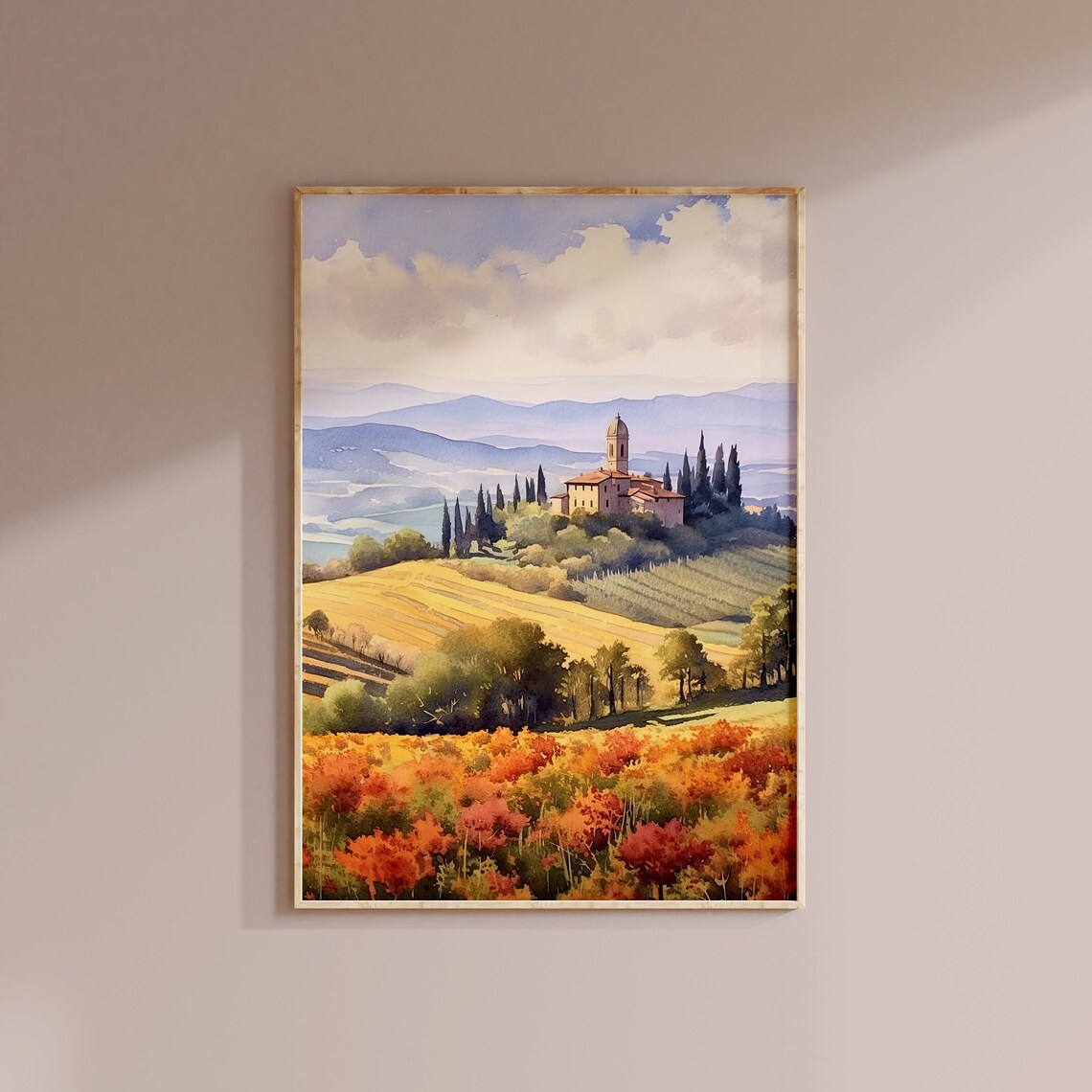 Tuscan Hilltop Village Church Tower Watercolor Italian Art Print - Image 2