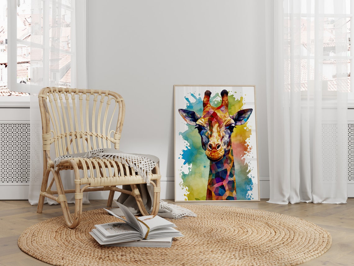Geometric Rainbow Giraffe Watercolour Splash Kids Animal Poster - Image 4