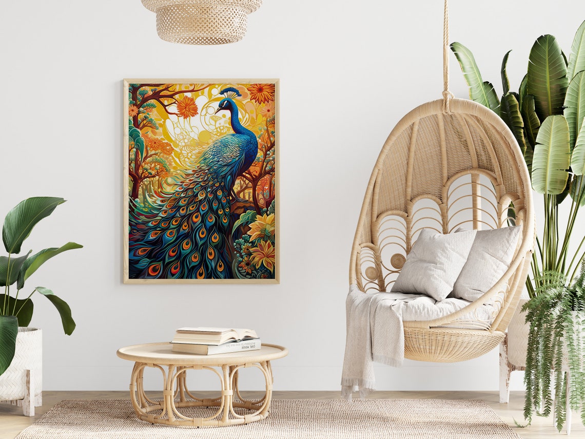 Peacock Golden Autumn Forest Vibrant Plumage Feather Art Poster - Image 5