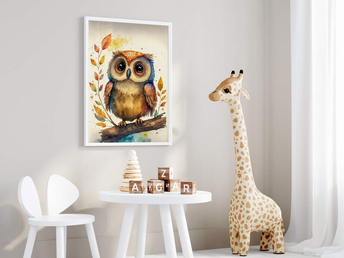 Watercolor Baby Owl Autumn Leaves Cute Nursery Bird Art Poster - Image 3