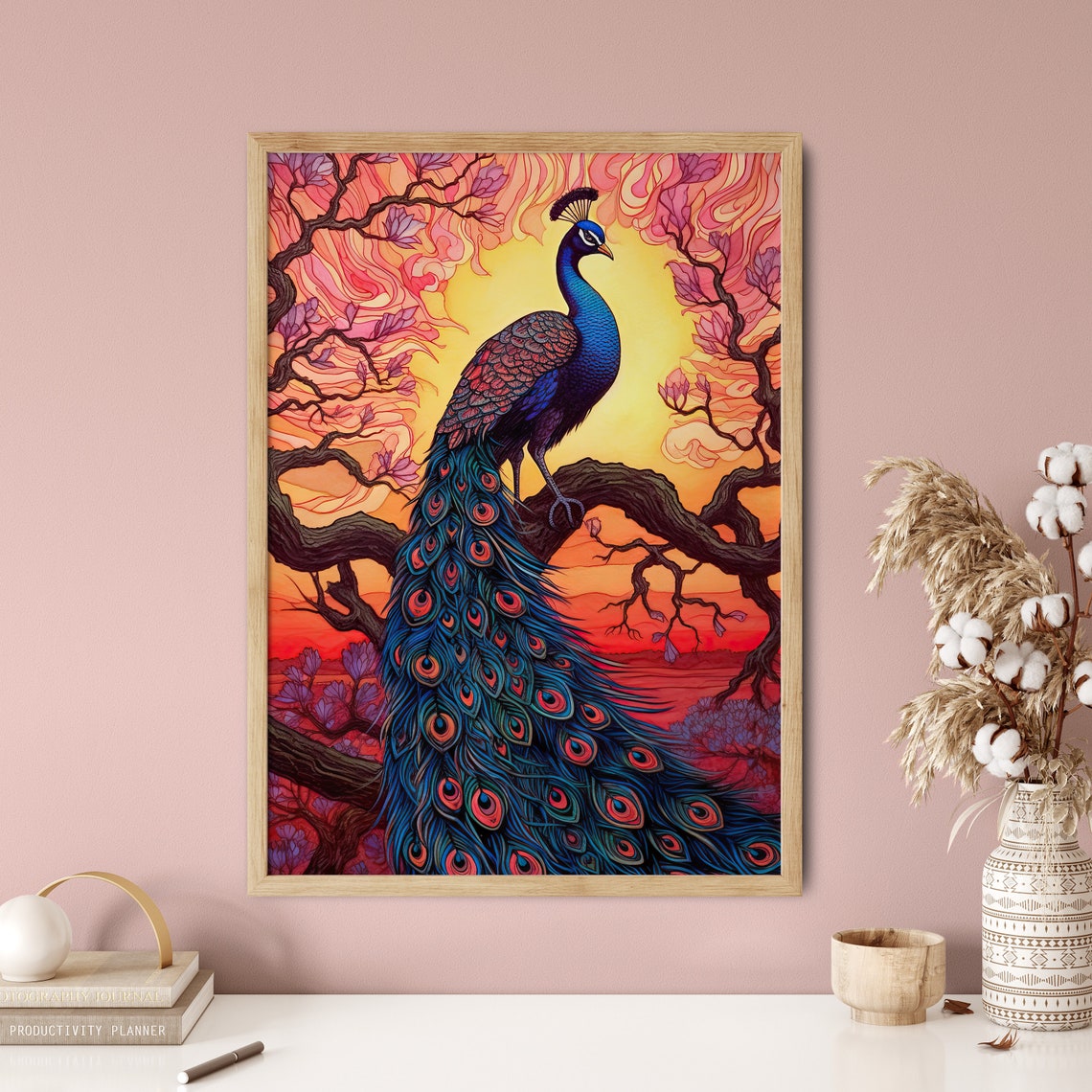 Peacock Sunset Tree Branch Stained Glass Vibrant Bird Art Poster - Image 5