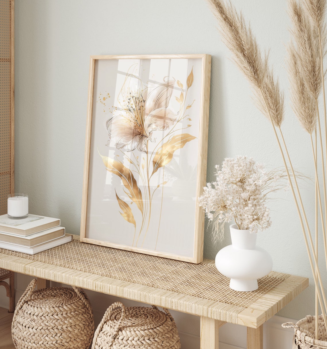 Gold Flower Elegant Line Art Cream Background Decor Style Poster - Image 2