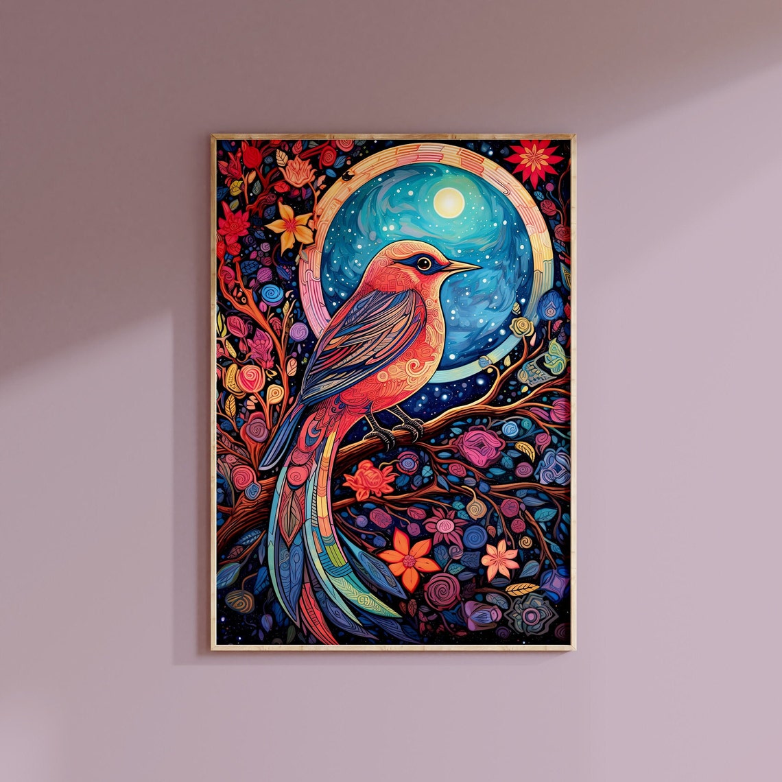 Red Bird Full Moon Floral Night Sky Stained Glass Art Poster - Image 3