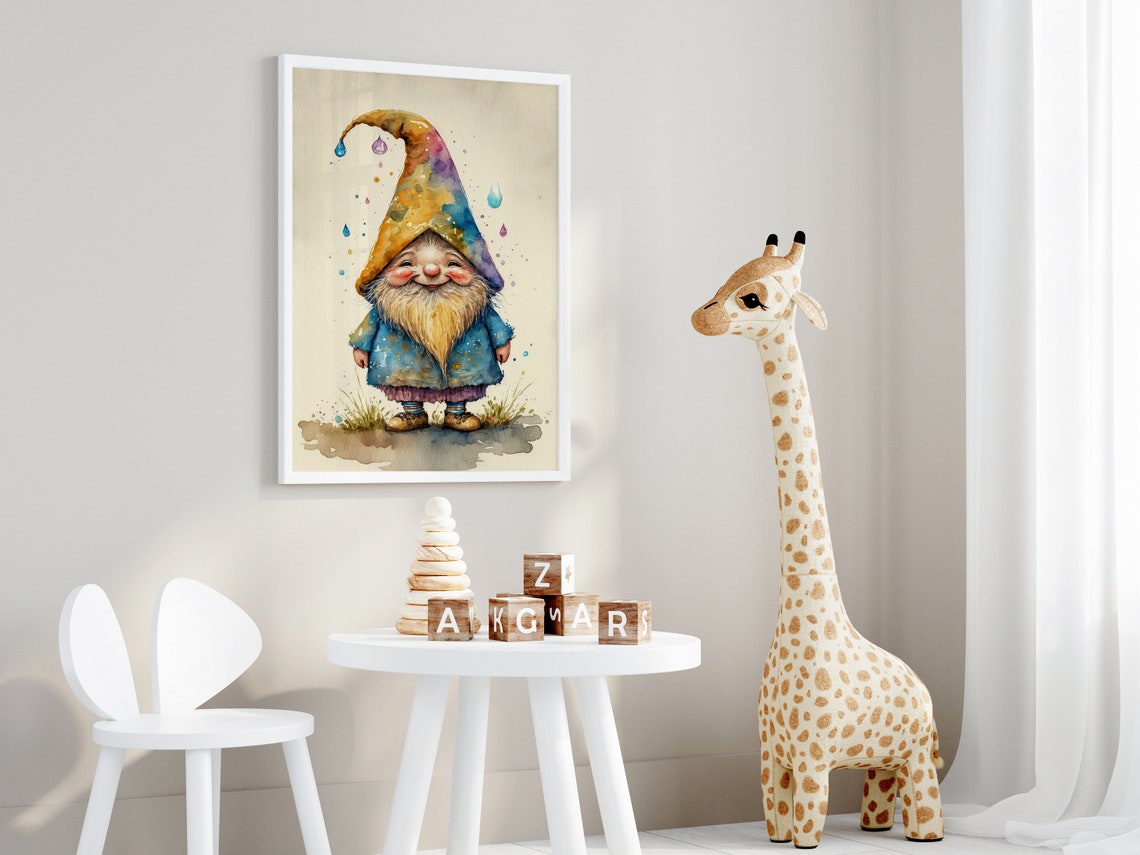 Smiling Gnome Rainbow Pointy Hat Watercolor Nursery Art Poster - Image 4