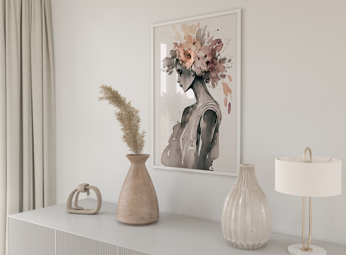 Watercolor Woman Floral Crown Blush Elegant Portrait Art Poster - Image 5