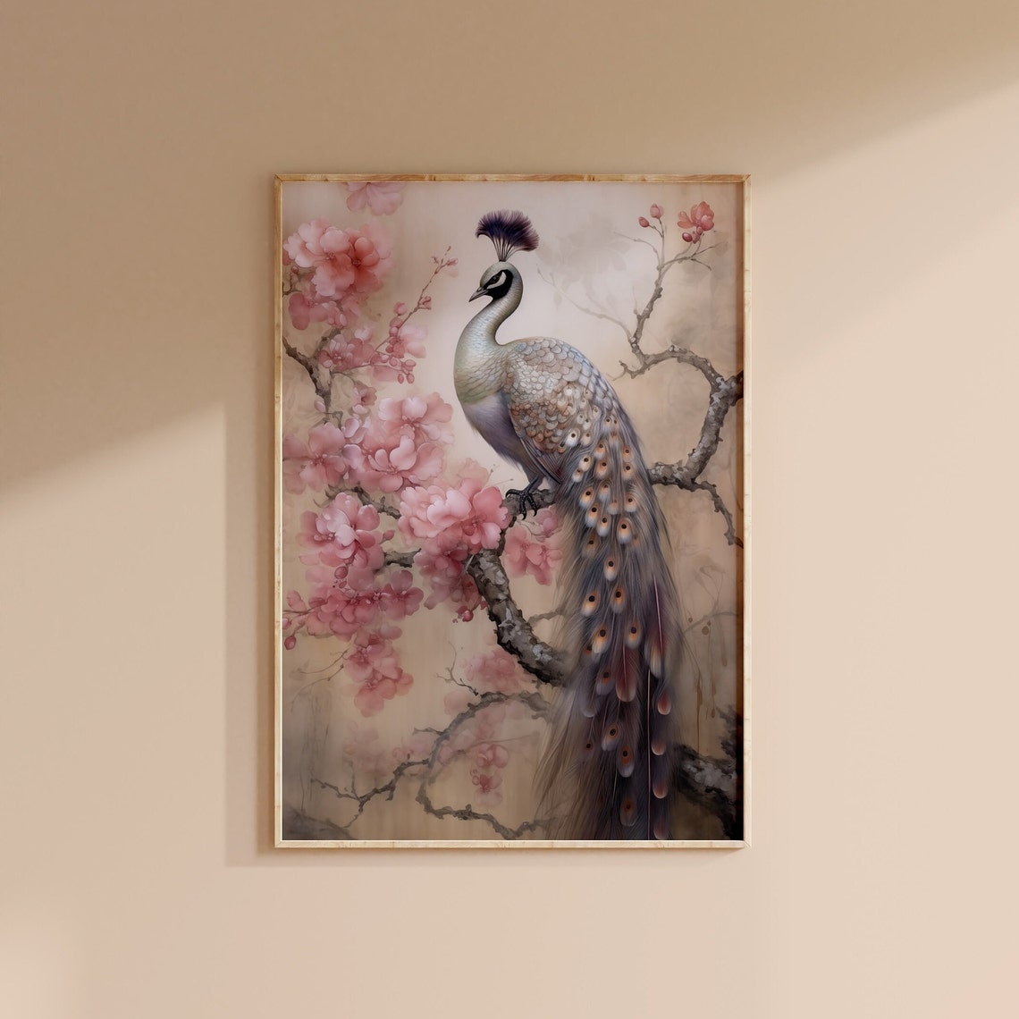 Elegant Peacock Pink Cherry Blossom Watercolour Bird Art Poster - Image 2