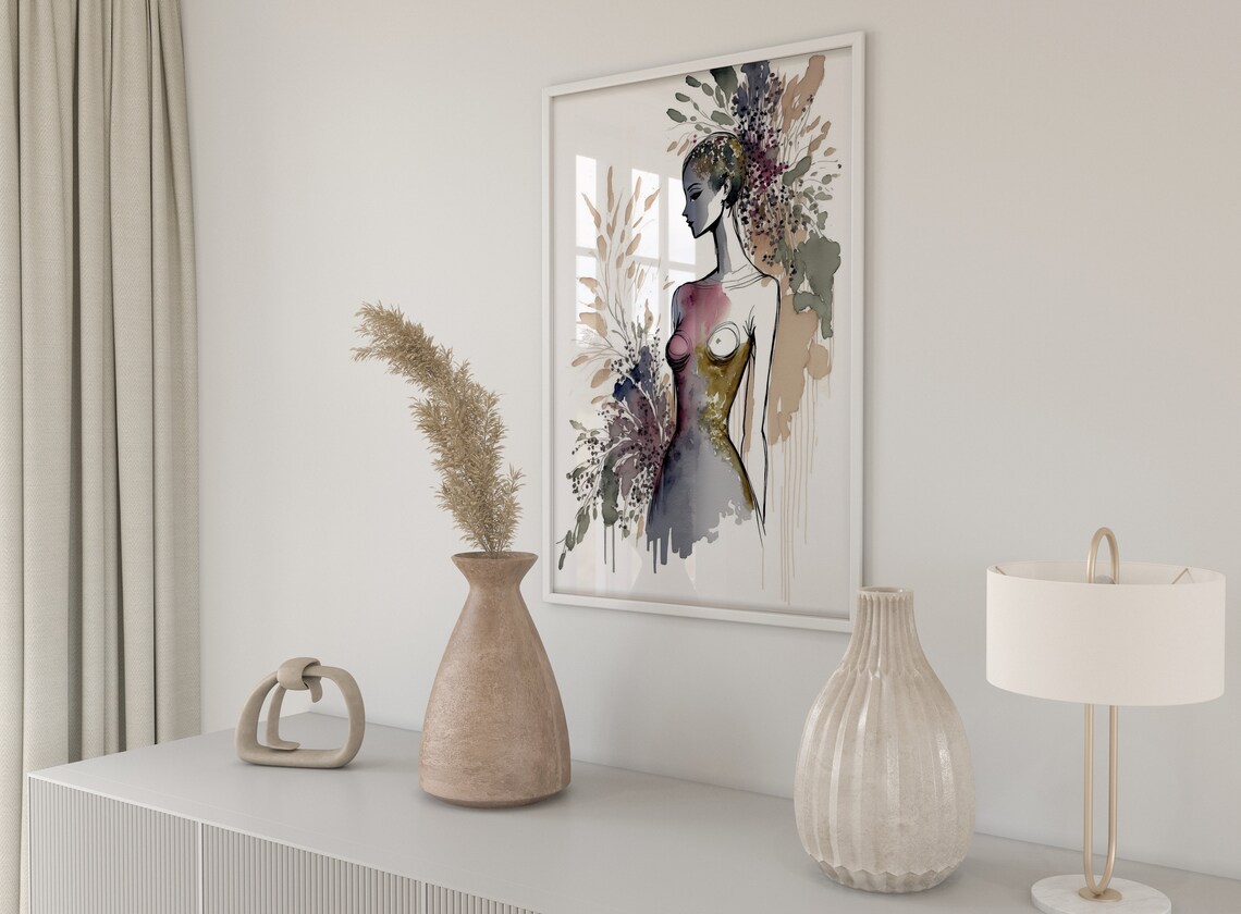 Female Wall Art Print Natural Beauty Boho Housewarming Gift For Her Beautiful Woman Watercolour Floral Living Room Decor Flowers Painting - Image 2