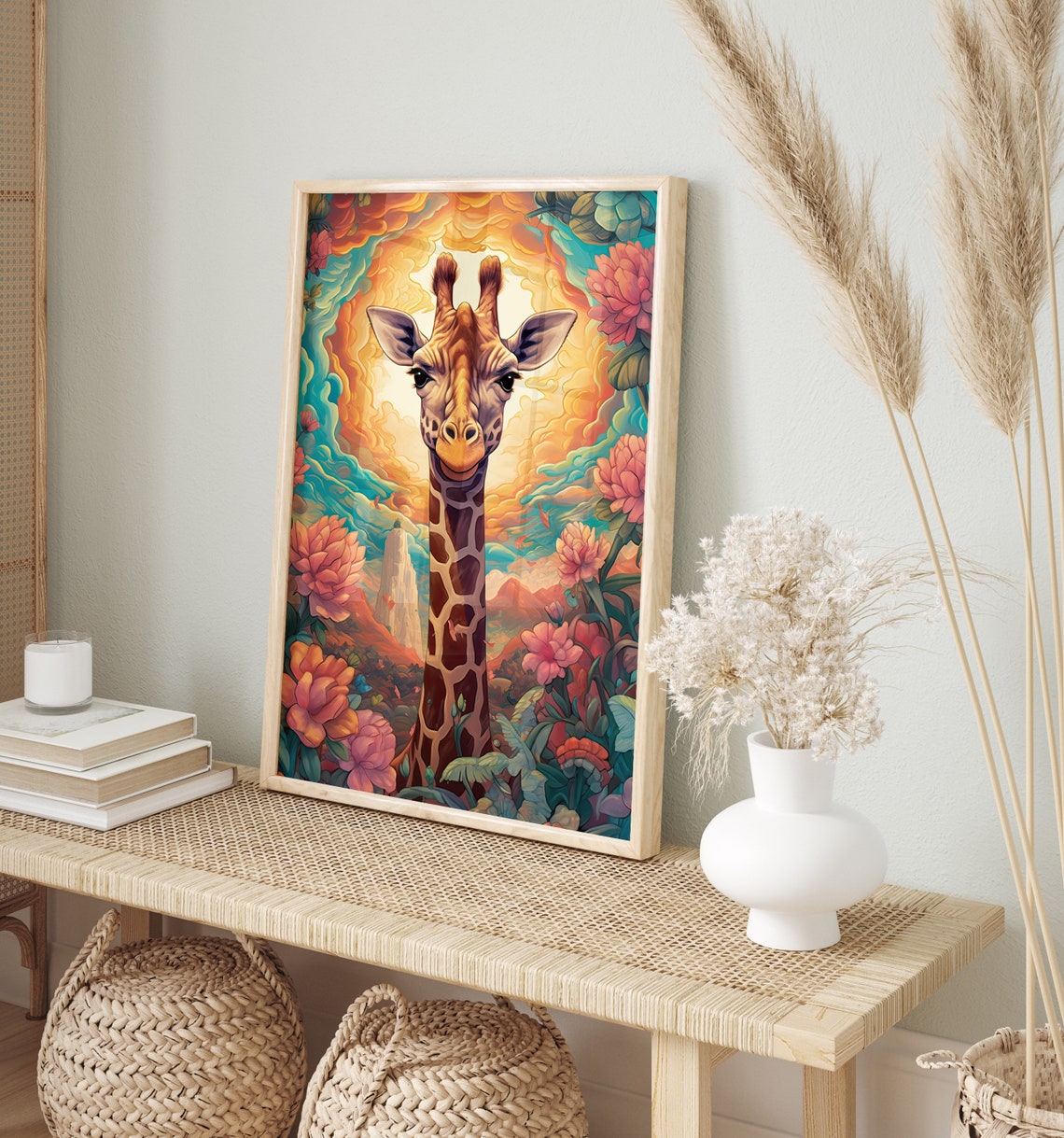 Colorful Giraffe Floral Psychedelic Jungle Sunset Wildlife Art Print - Image 2