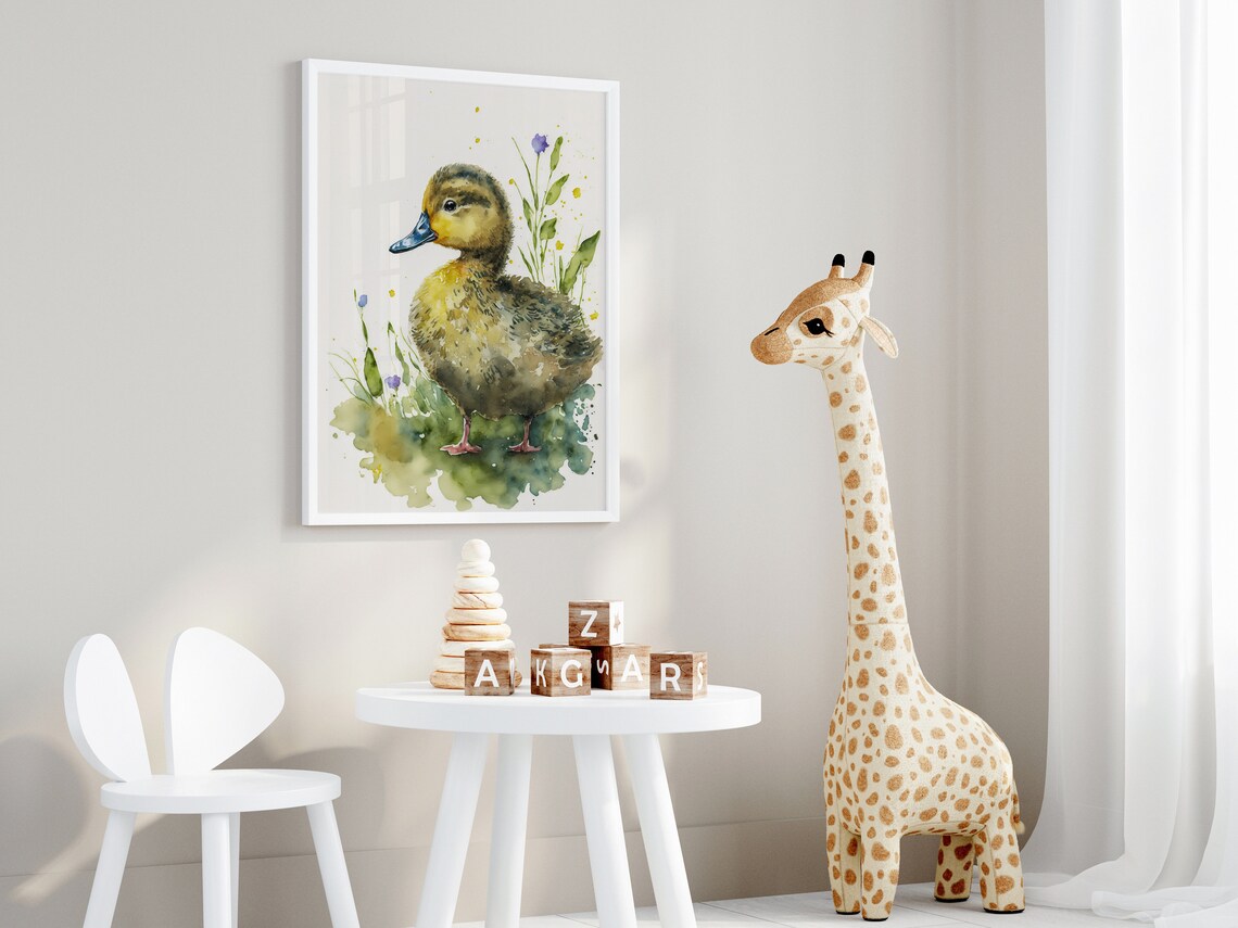 Cute Duckling Watercolor Grass Flowers Baby Nursery Art Poster - Image 4