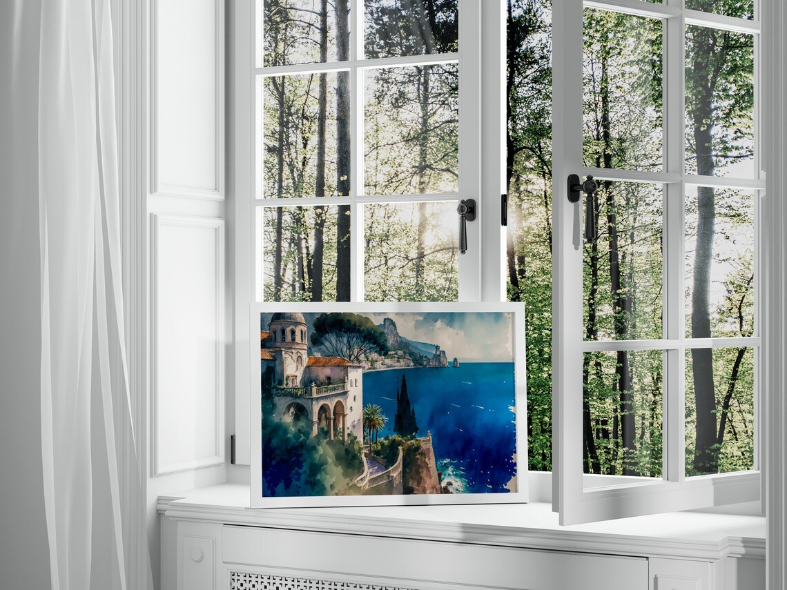 Amalfi Villa With Cypress Trees Watercolor Italian Coast Art Print - Image 5