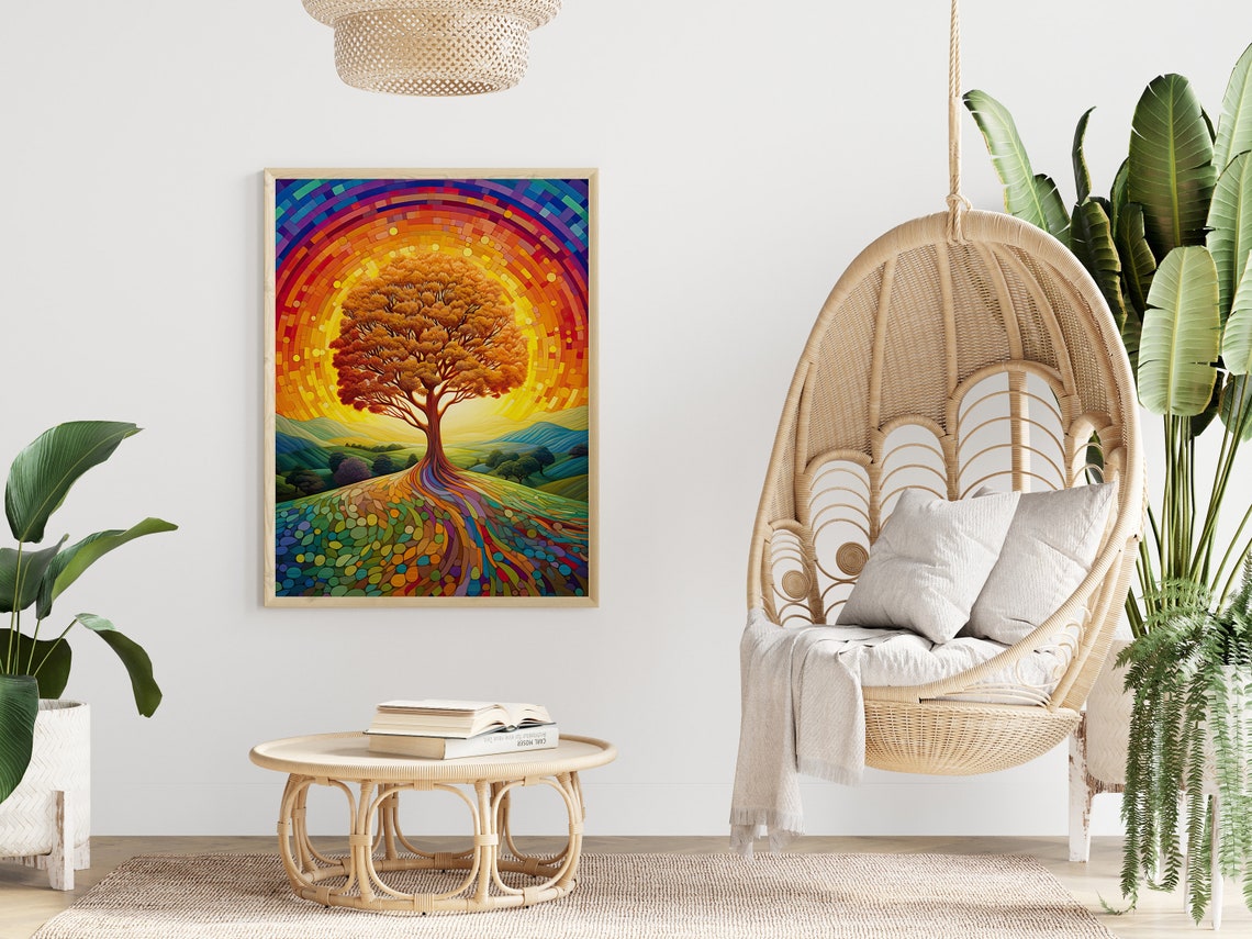 Golden Tree Rainbow Mosaic Sky Colorful Landscape Art Poster - Image 4