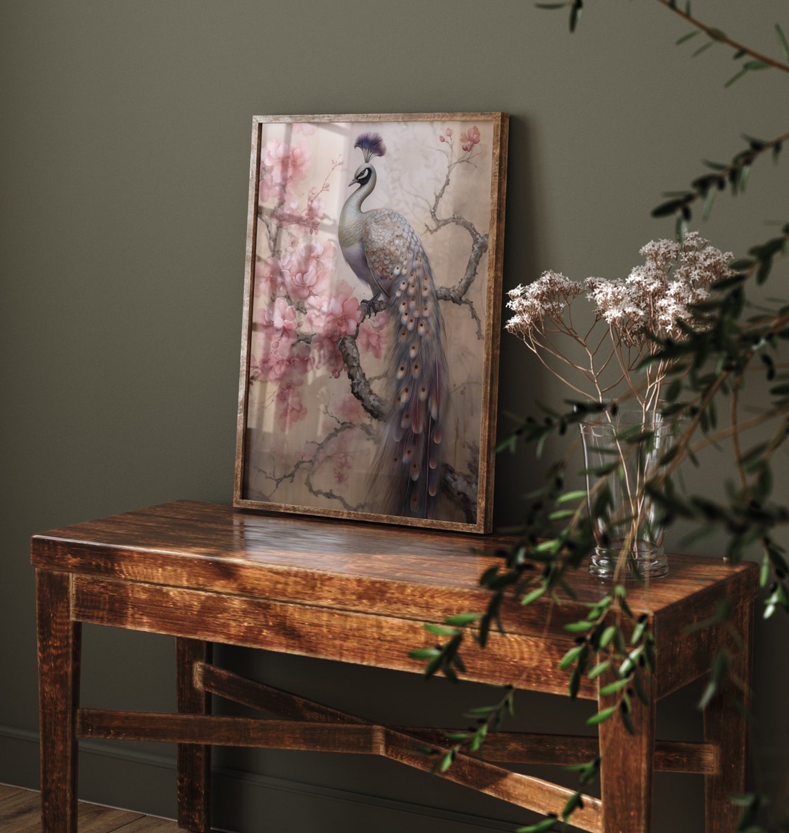 Elegant Peacock Pink Cherry Blossom Watercolour Bird Art Poster - Image 3