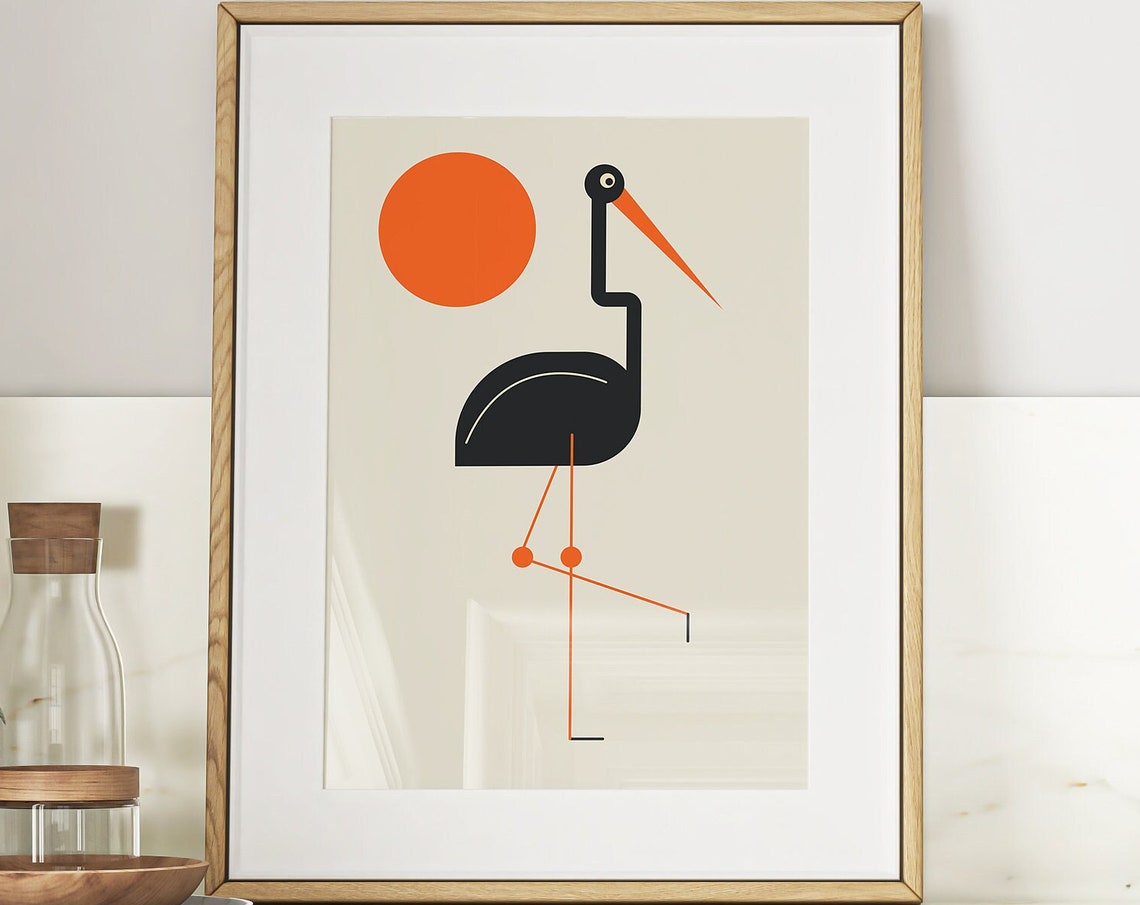 Abstract Black Stork Bird Orange Sun Mid Century Modern Wall Poster