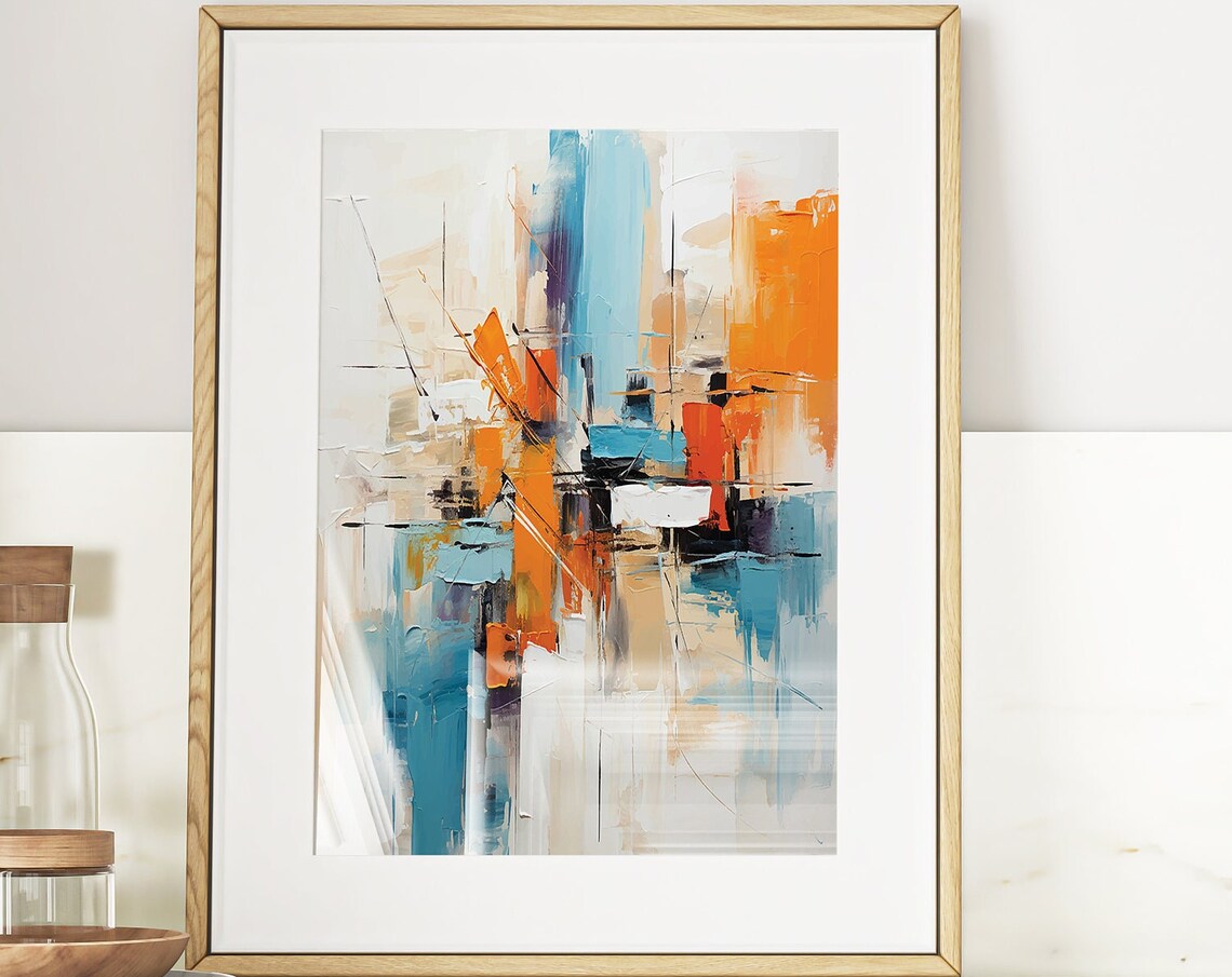Orange Teal and White Mid Century Abstract Brushstroke Art Print