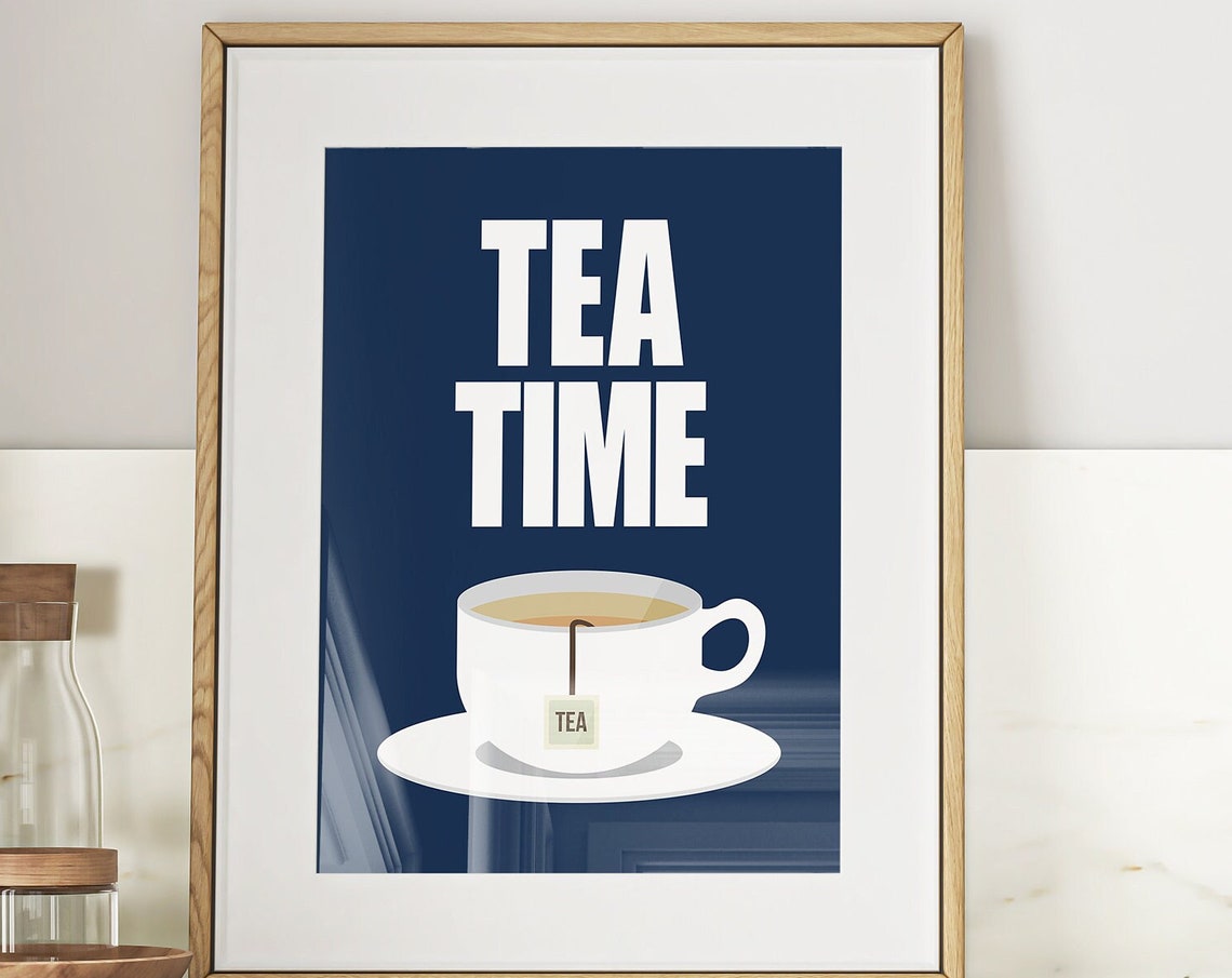 Tea Time Navy Teacup Minimalist Typography Kitchen Quote Poster