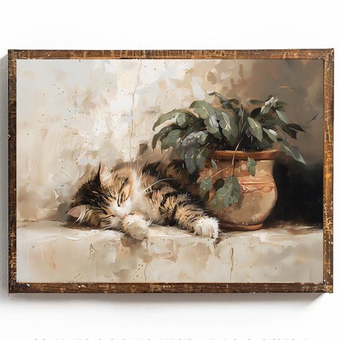 Sleeping Fluffy Kitten Curled on a Ledge by a Large Plant Poster