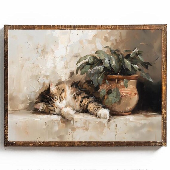 Sleeping Fluffy Kitten Curled on a Ledge by a Large Plant Poster