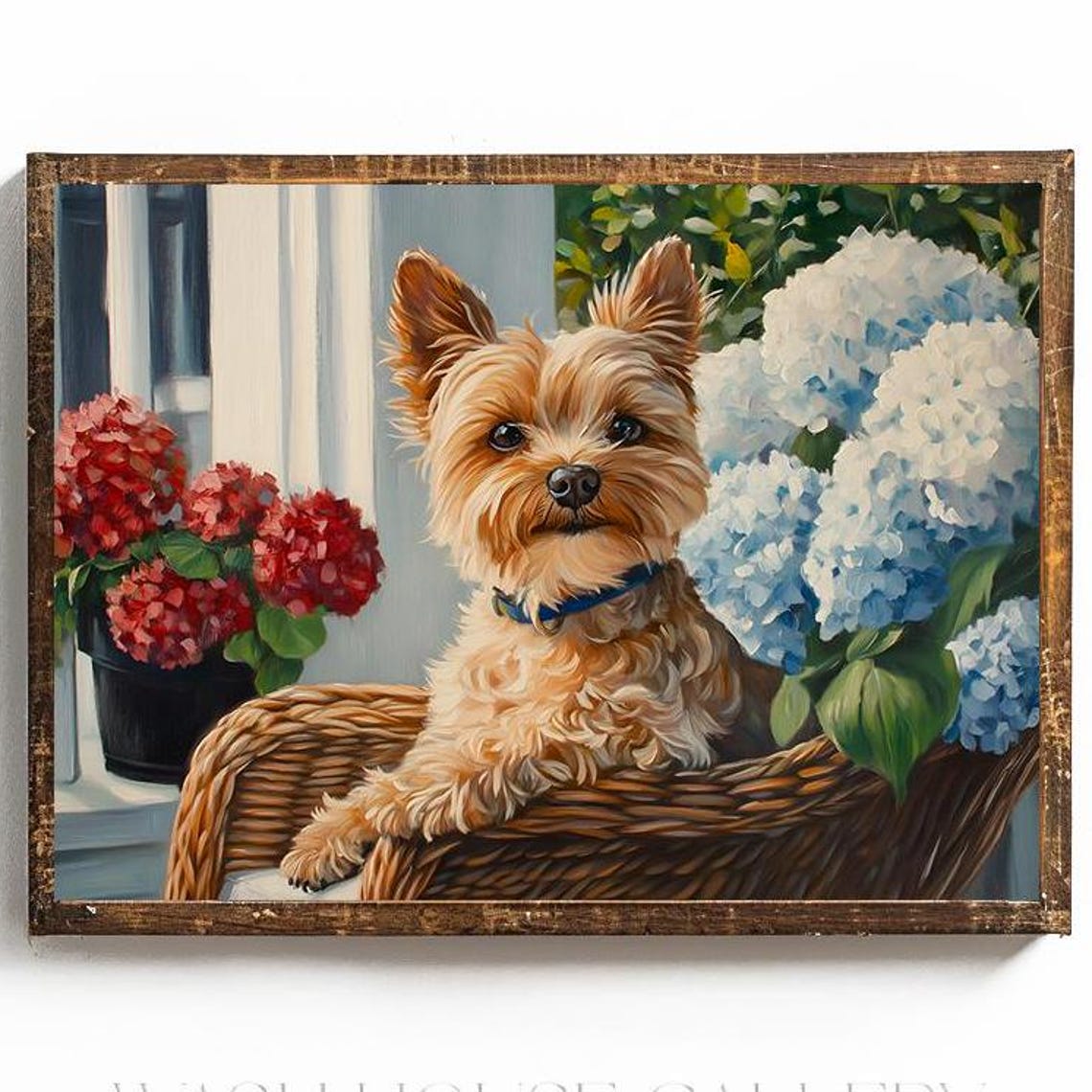 Yorkshire Terrier Puppy in a Wicker Chair with Hydrangeas Poster