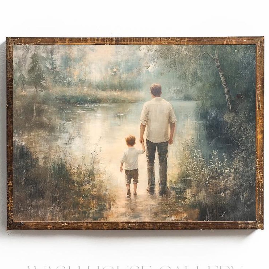 Father And Son Walking Hand In Hand By A Misty Lake Painting Poster