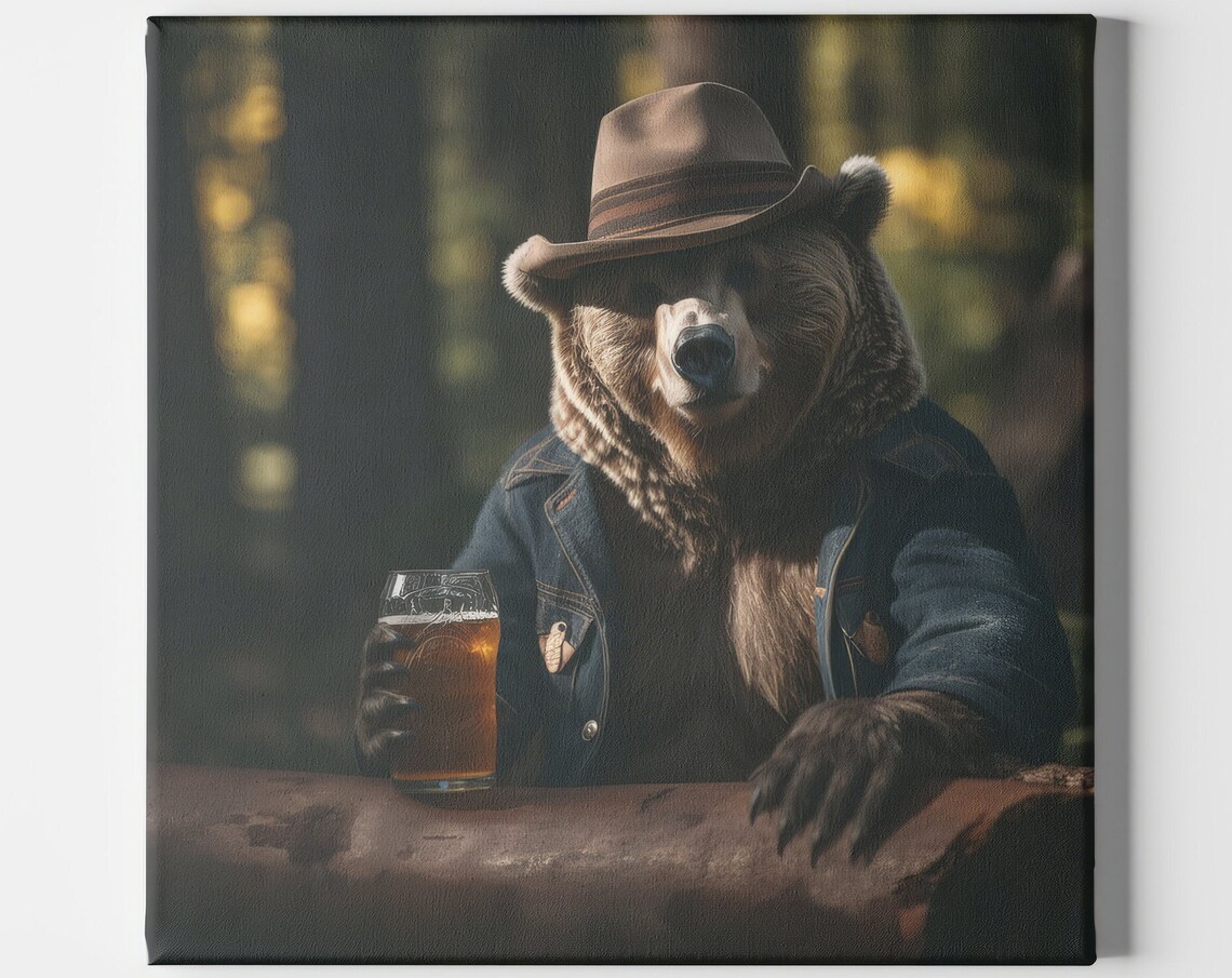 Bear Drinking A Beer Funny Poster Print