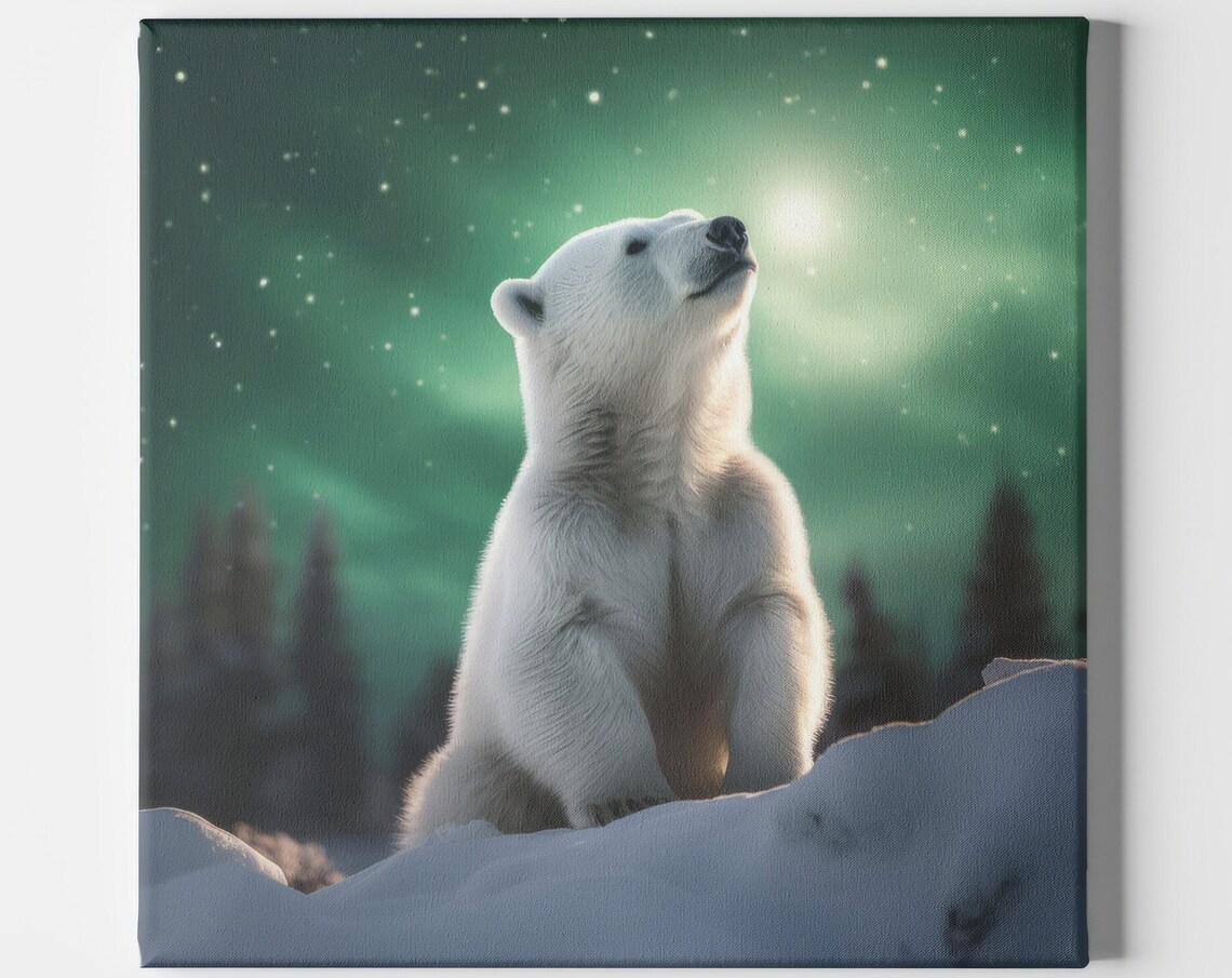 Polar Bear, Northern Lights Winter Art Poster - Image 2