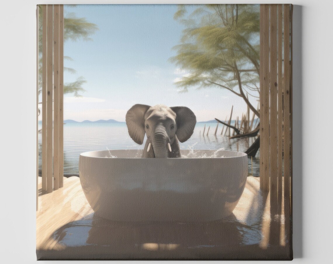Cute Baby Elephant In A Bathtub, Bathroom Decor