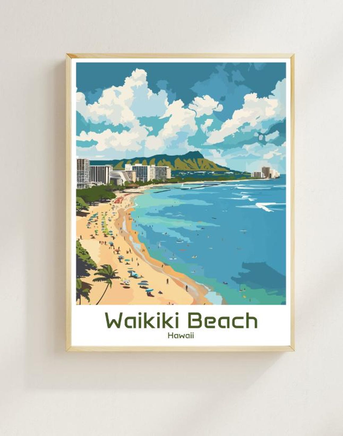 Waikiki Beach Hawaii Colorful Retro Travel Illustration Poster