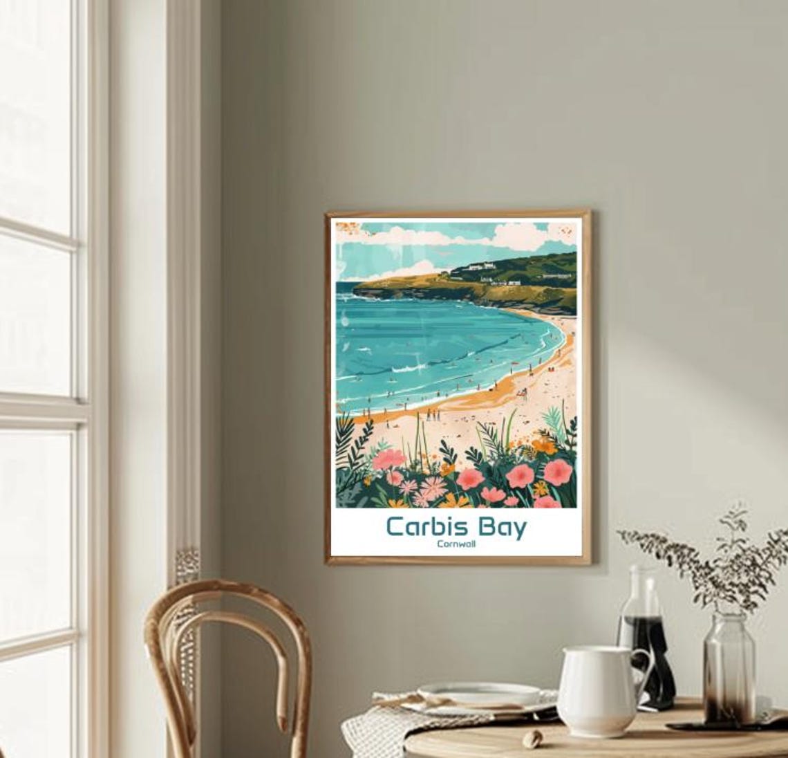 Carbis Bay Cornwall Crescent Beach Bathers and Flowers Poster - Image 2
