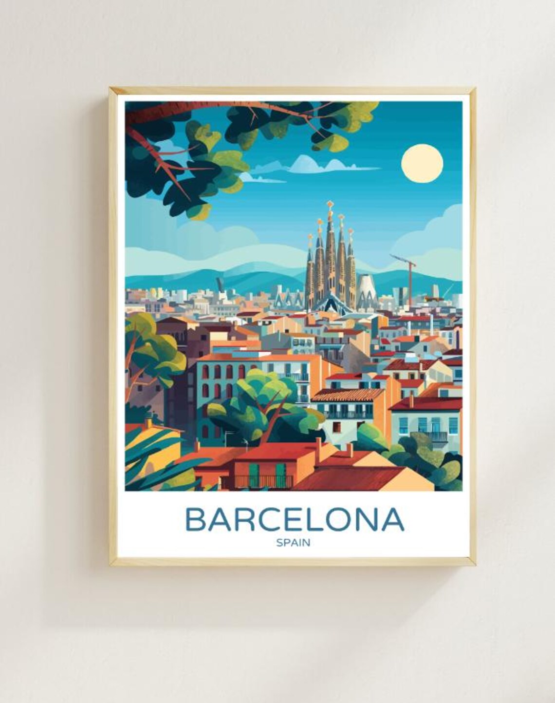 Barcelona Spain Sagrada Familia Cityscape Colorful Travel Poster
