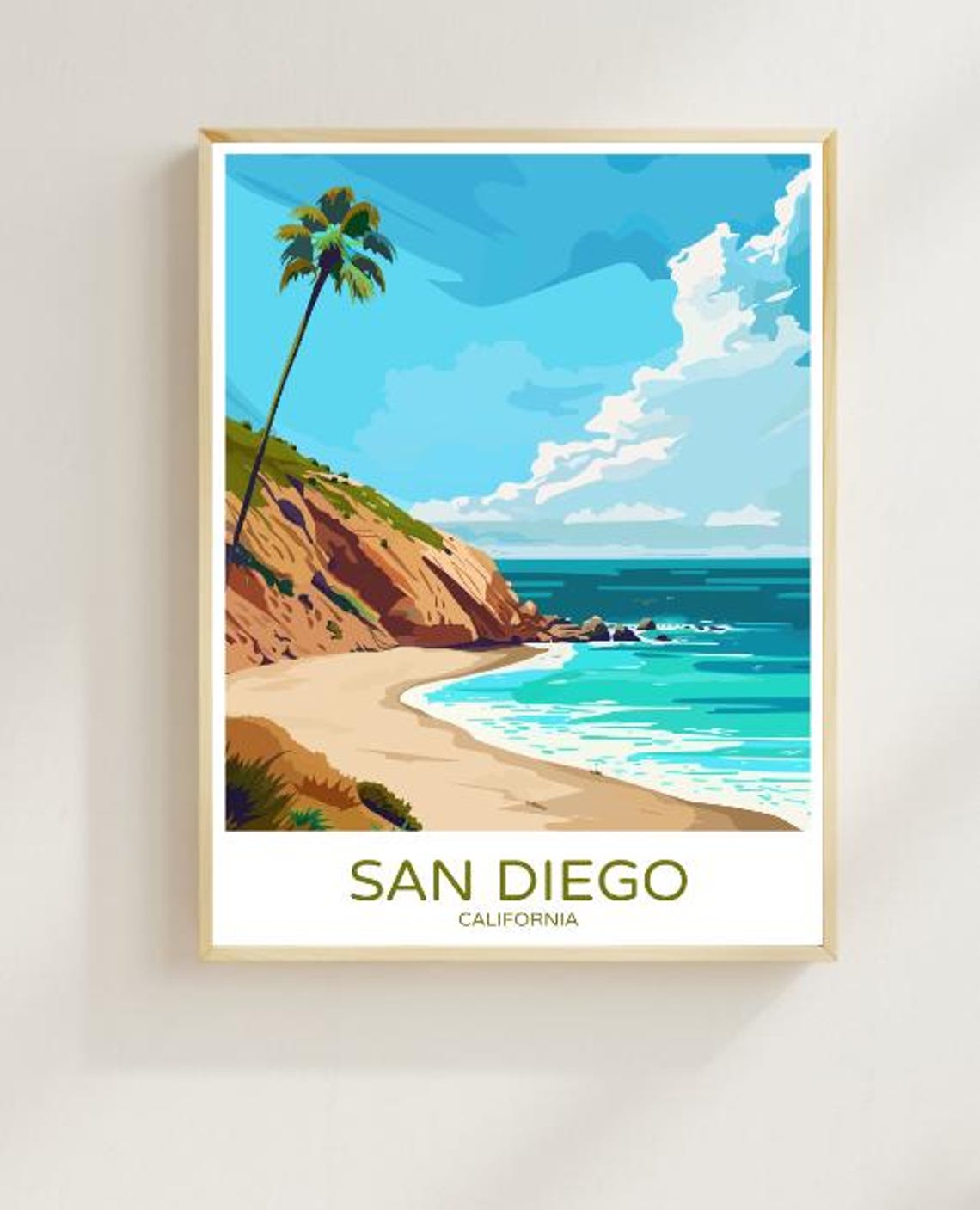 San Diego California Palm Cliff Beach Cove on a Sunny Day Poster