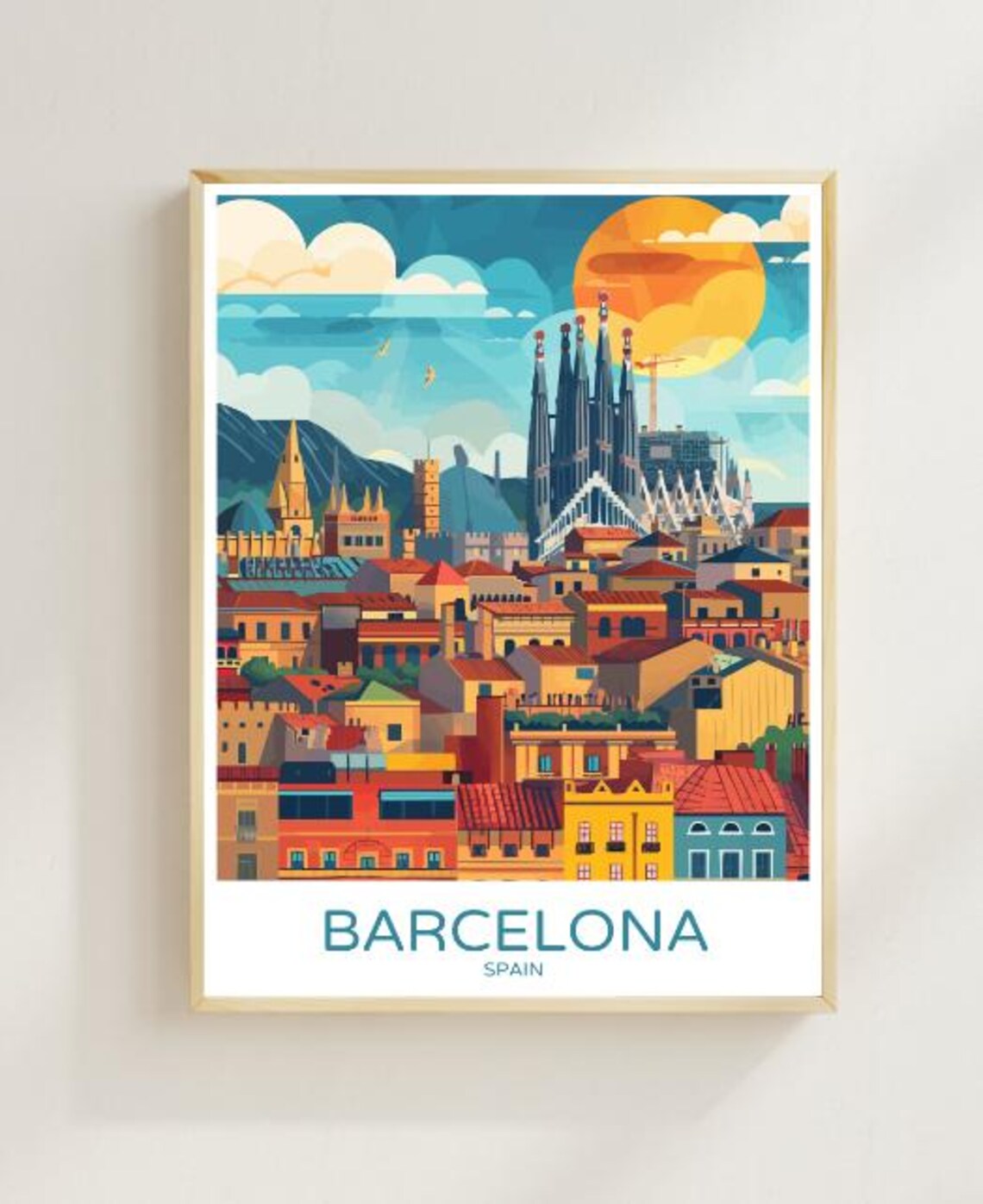 Barcelona Sagrada Familia Spires Under a Blazing Sunset Sky Poster