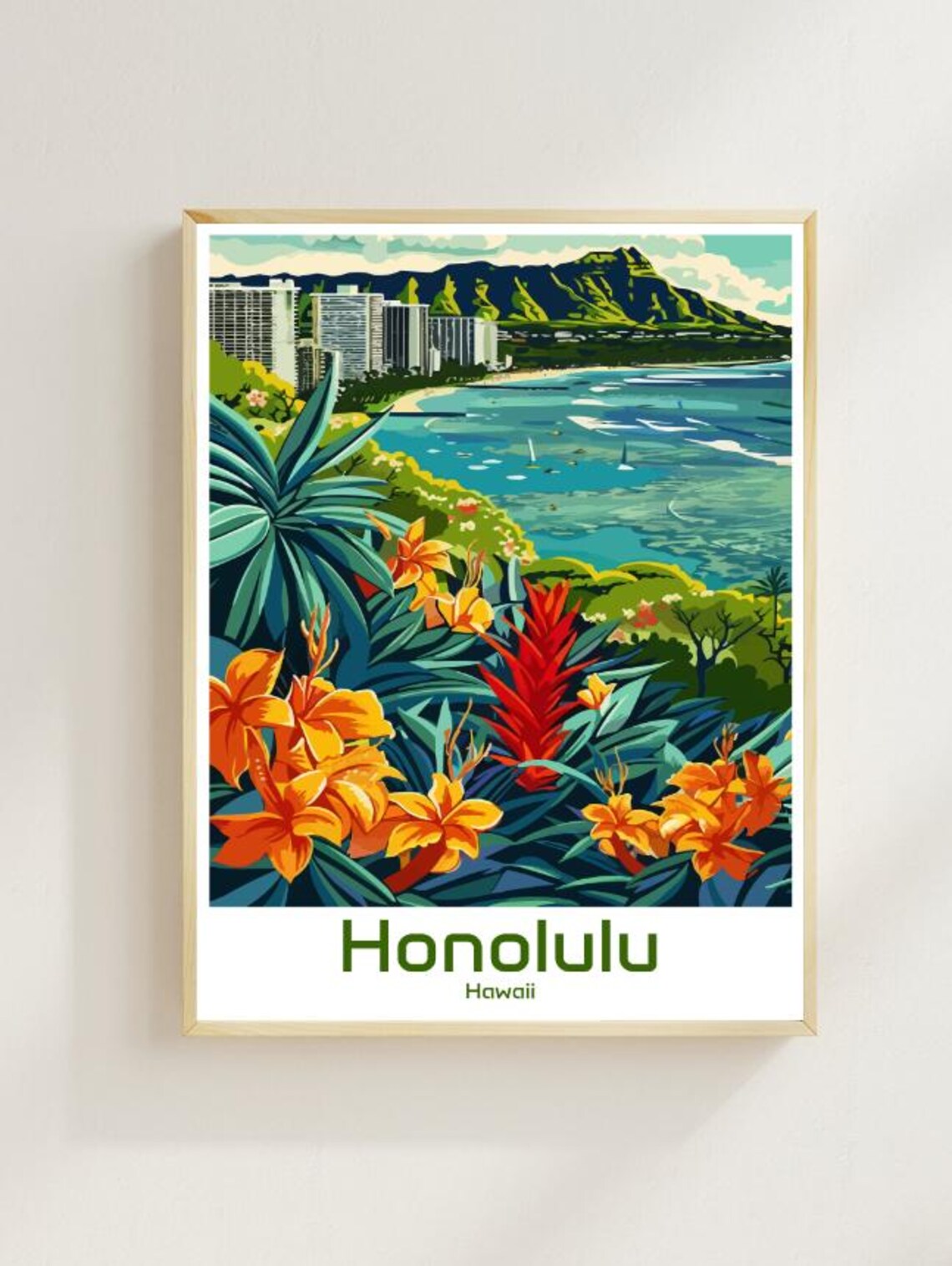 Honolulu Hawaii Waikiki Diamond Head Tropical Flowers Poster