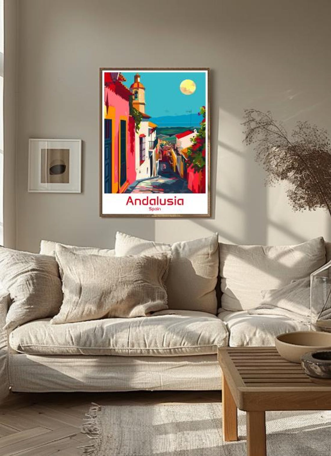 Andalusia Spain Colorful Village Street Bell Tower Moon Poster - Image 3