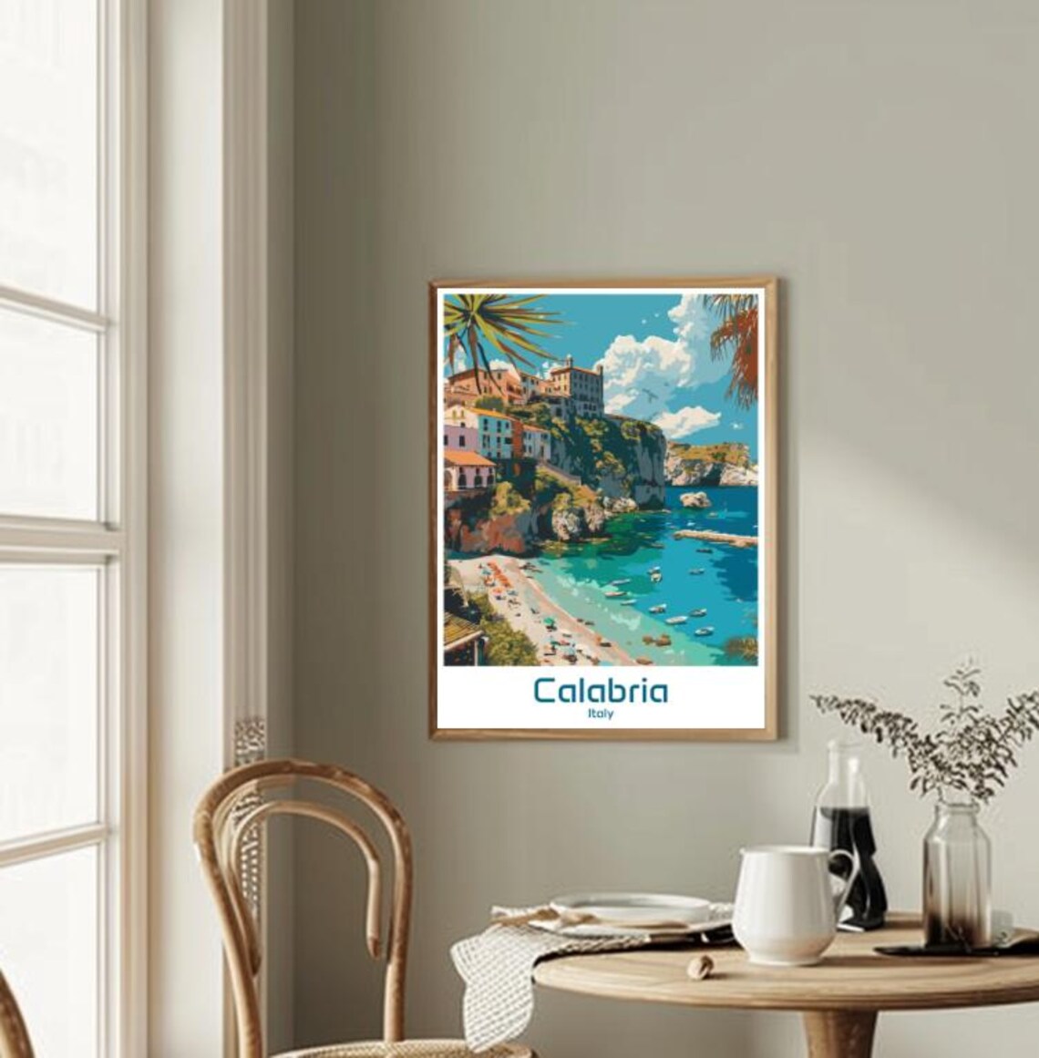 Stunning Calabria Italy Cliff Town Turquoise Cove Boats Poster - Image 2