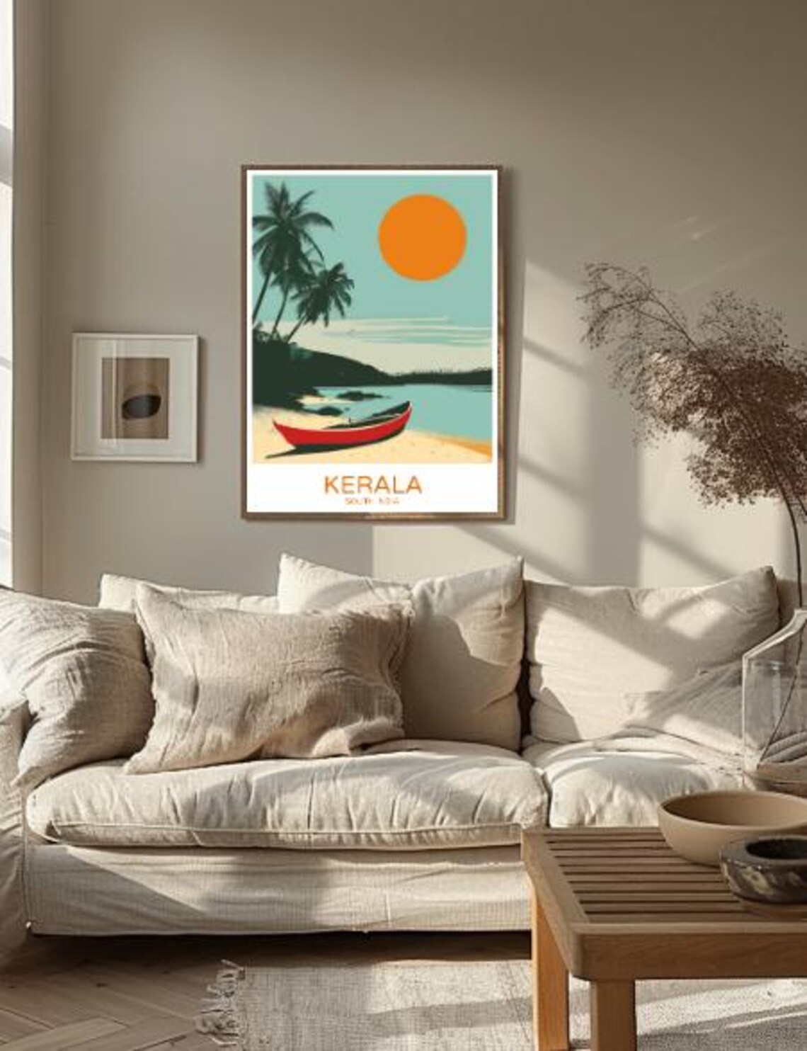 Kerala South India Beach With Red Boat And Palm Trees Travel Poster - Image 2